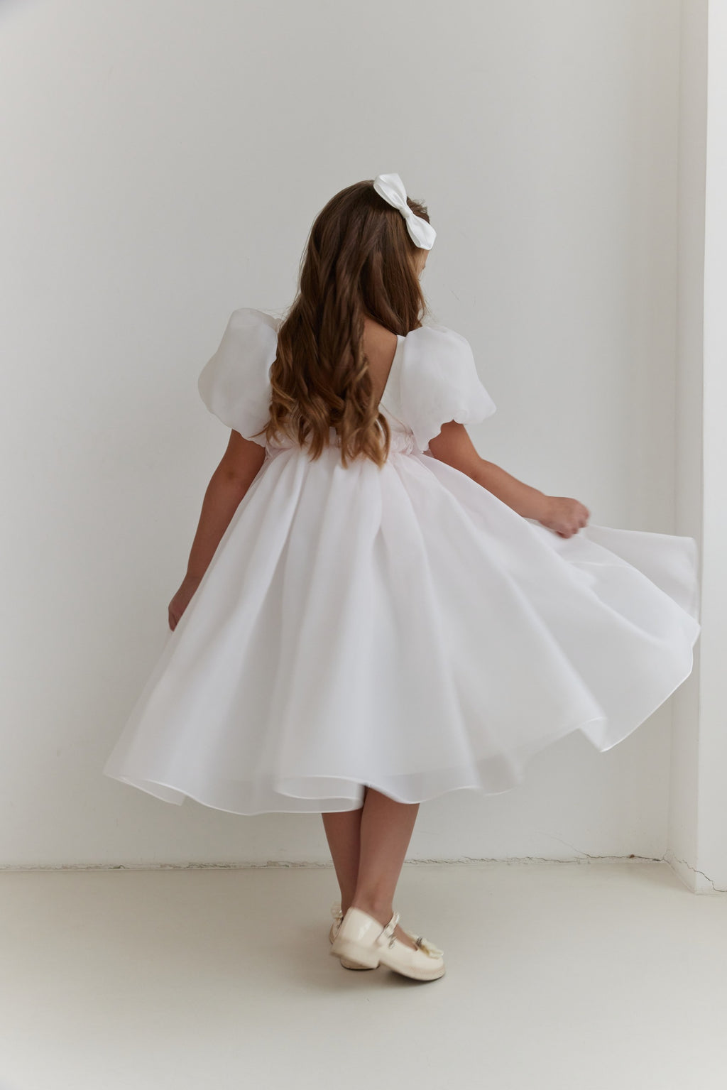 Organza Puff Sleeve Flower Girl Dress White Toddler Baptism Gown with Open V Back