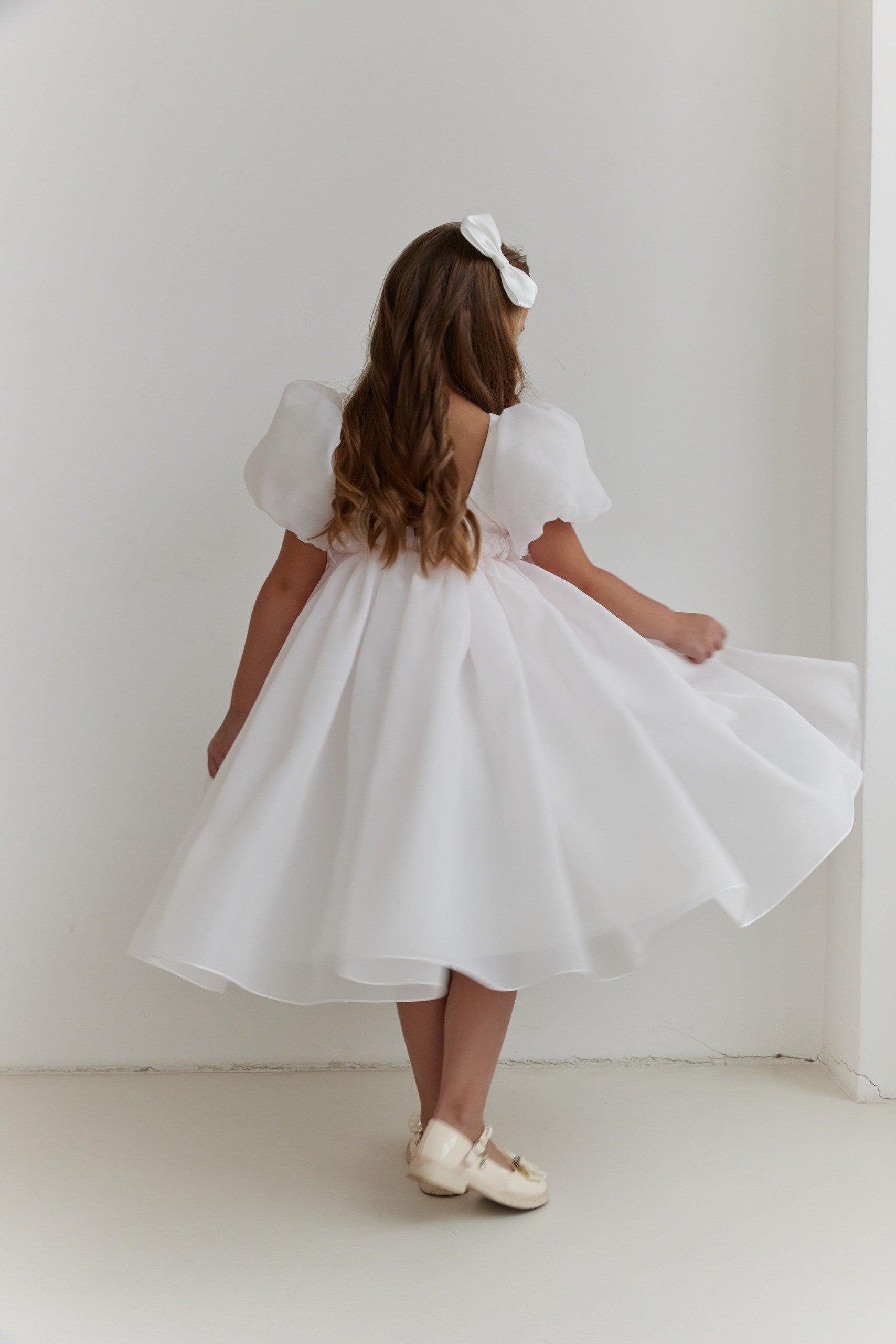 Organza Puff Sleeve Flower Girl Dress White Toddler Baptism Gown with Open V Back