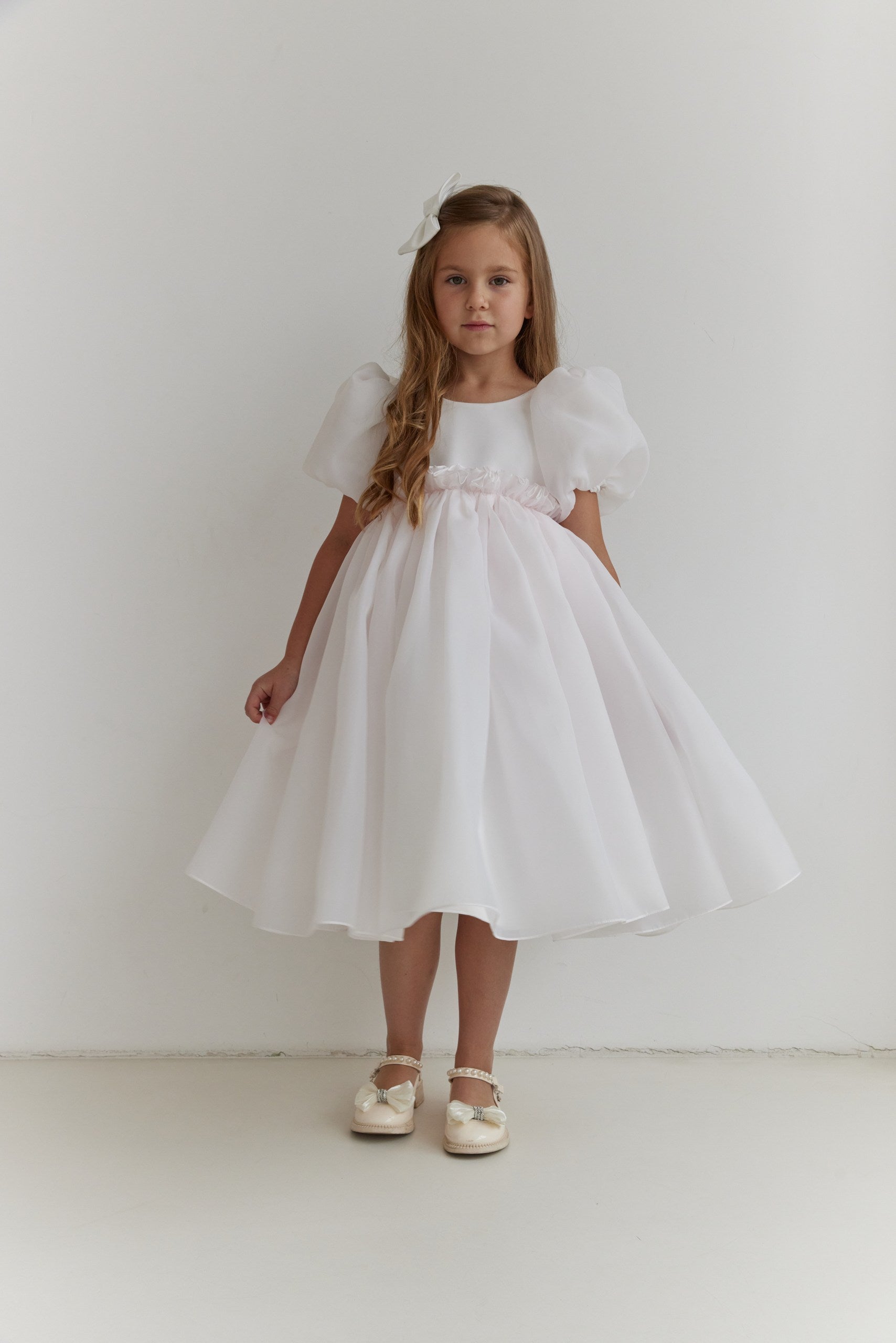 Organza Puff Sleeve Flower Girl Dress White Toddler Baptism Gown with Open V Back