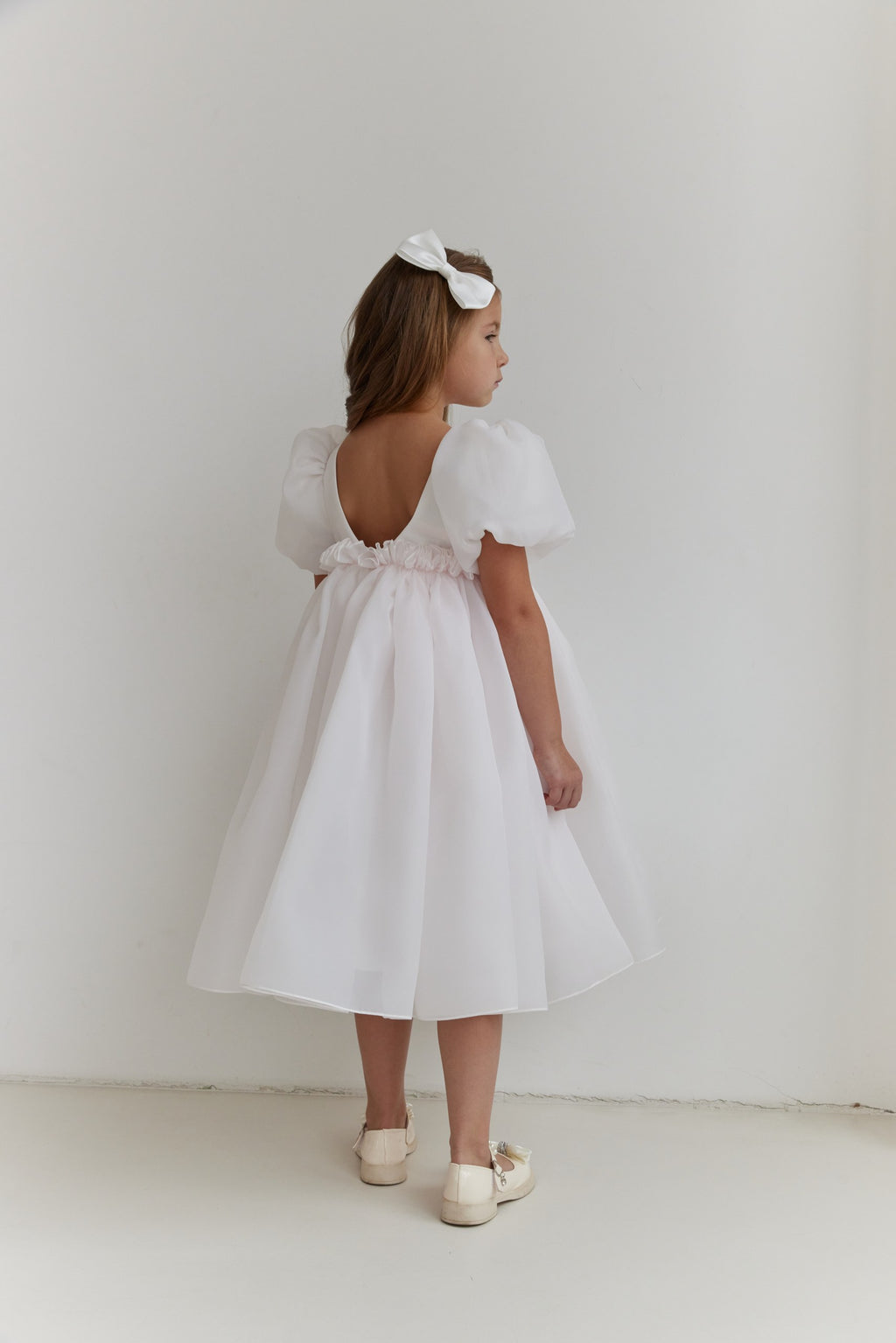 Organza Puff Sleeve Flower Girl Dress White Toddler Baptism Gown with Open V Back