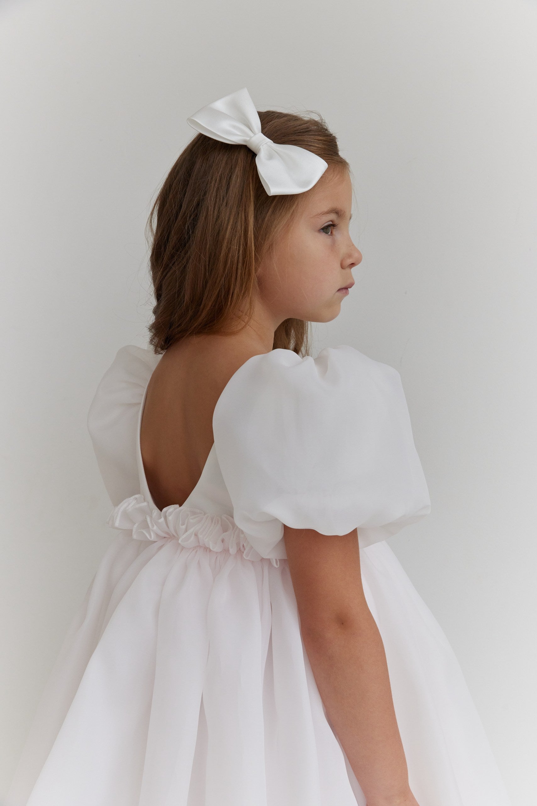 Organza Puff Sleeve Flower Girl Dress White Toddler Baptism Gown with Open V Back