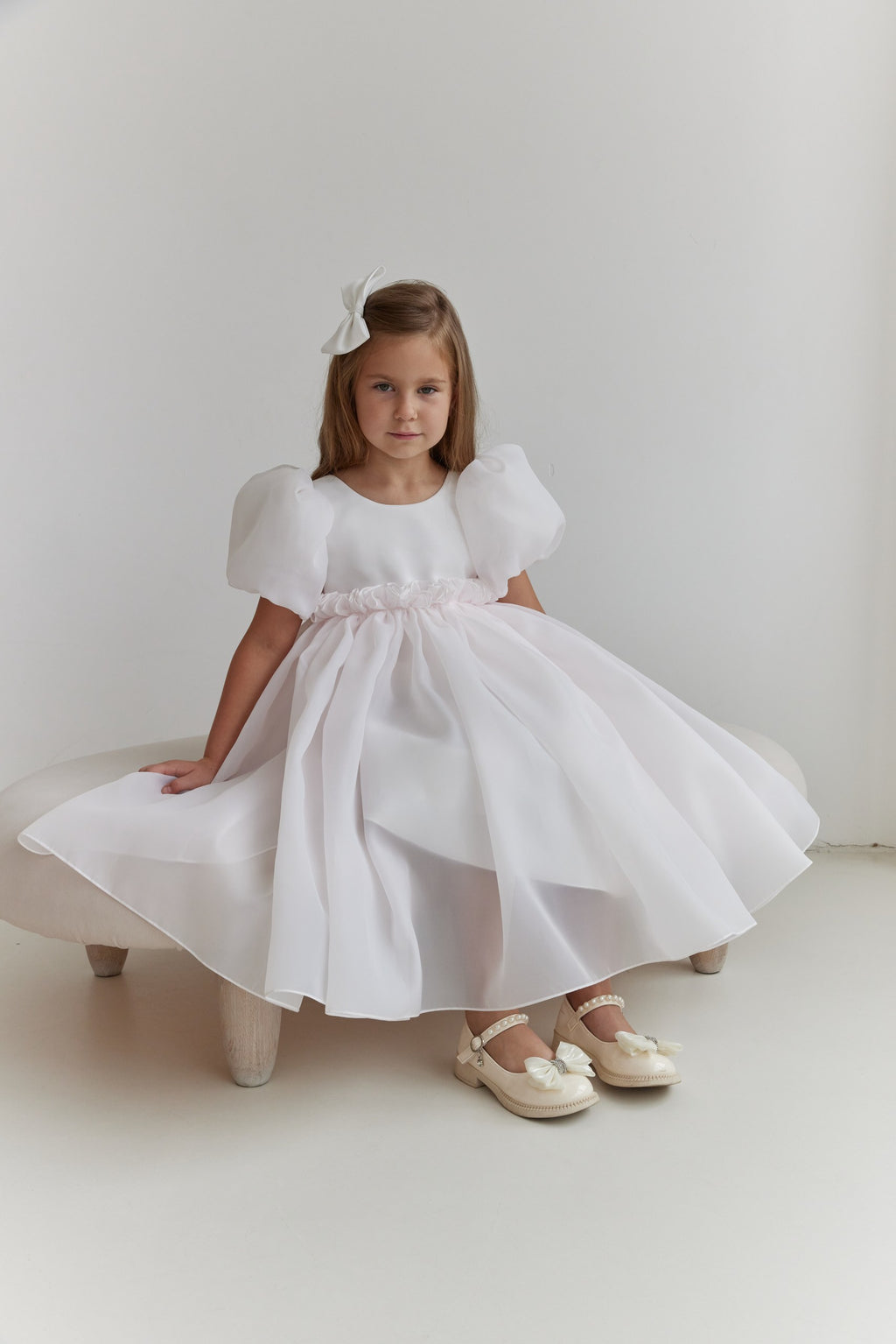 Organza Puff Sleeve Flower Girl Dress White Toddler Baptism Gown with Open V Back