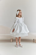 Long-Sleeve Mikado and Tulle Flower Girl Dress with Statement V-Back Bow, Long Sleeve Tulle Tutu Girl Dress