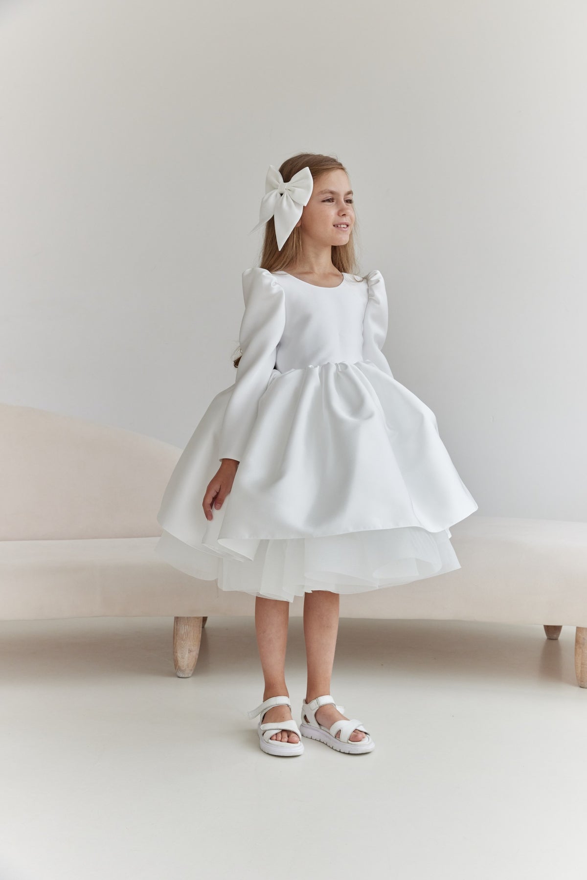 Long-Sleeve Mikado and Tulle Flower Girl Dress with Statement V-Back Bow, Long Sleeve Tulle Tutu Girl Dress