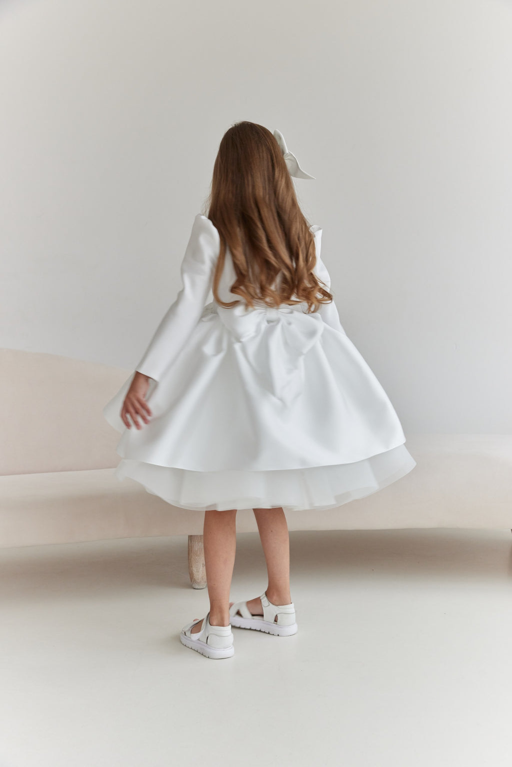 Long-Sleeve Mikado and Tulle Flower Girl Dress with Statement V-Back Bow, Long Sleeve Tulle Tutu Girl Dress