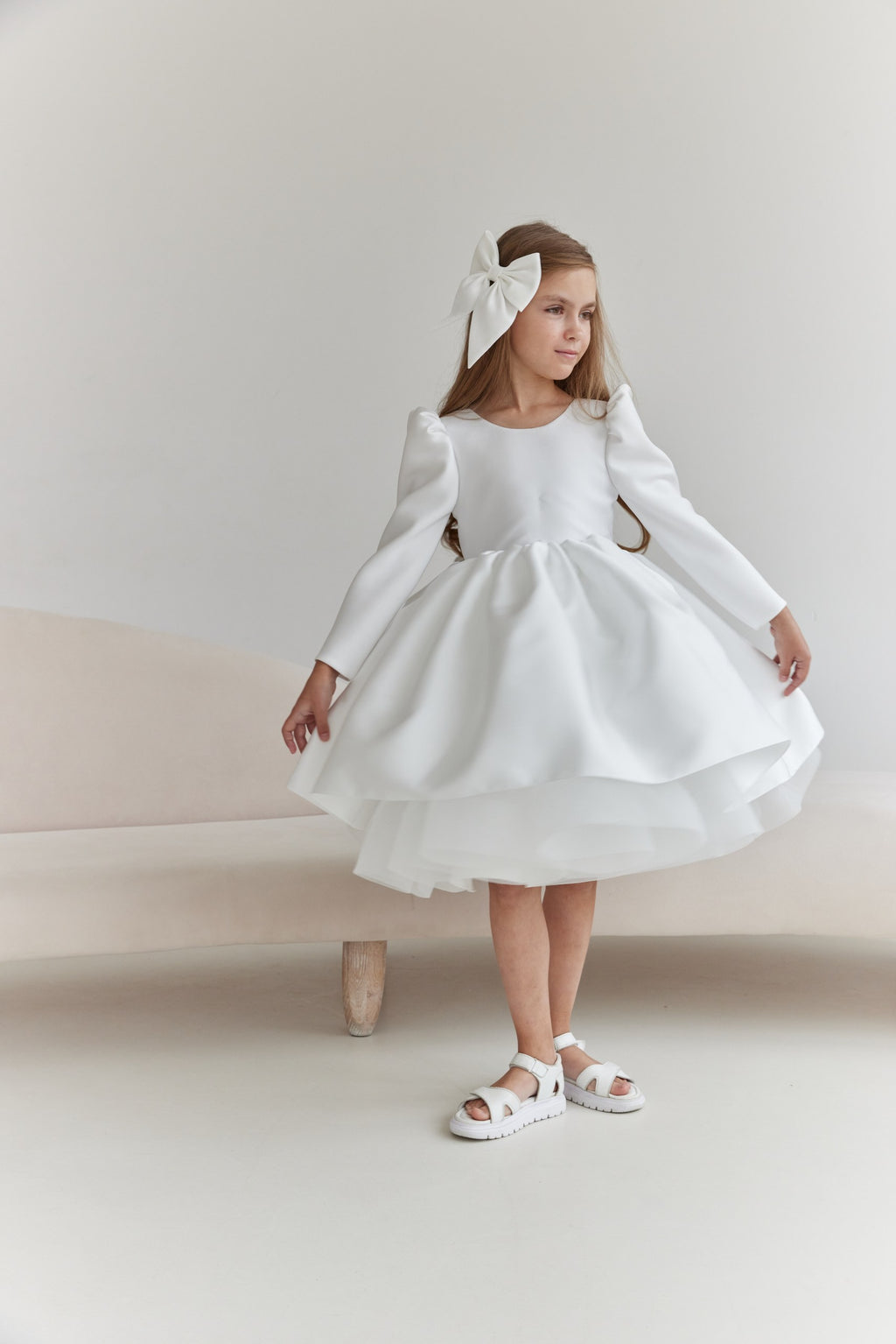 Long-Sleeve Mikado and Tulle Flower Girl Dress with Statement V-Back Bow, Long Sleeve Tulle Tutu Girl Dress
