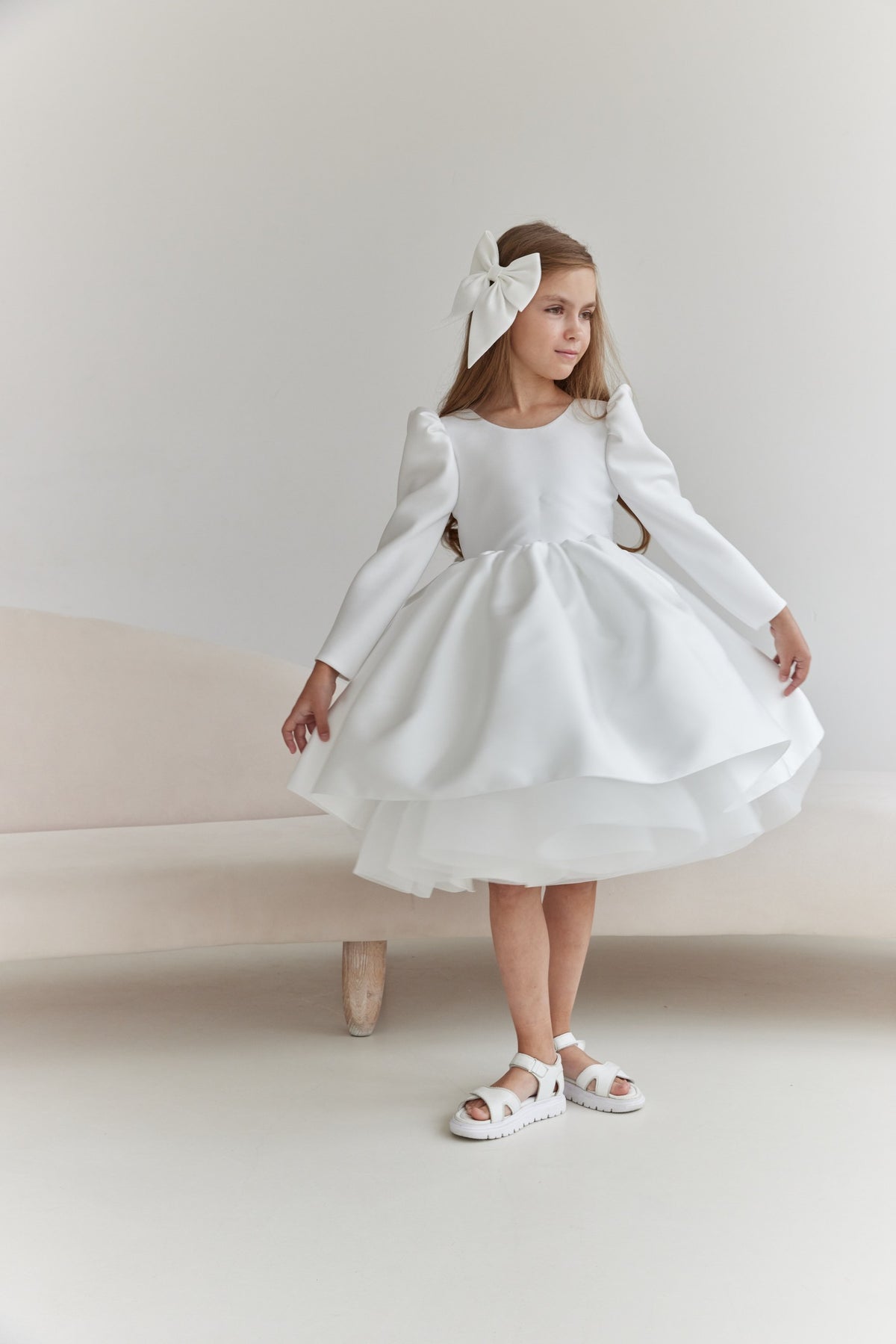 Long-Sleeve Mikado and Tulle Flower Girl Dress with Statement V-Back Bow, Long Sleeve Tulle Tutu Girl Dress