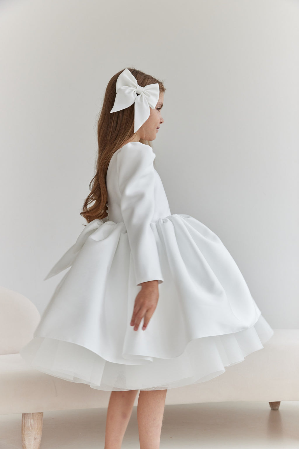 Long-Sleeve Mikado and Tulle Flower Girl Dress with Statement V-Back Bow, Long Sleeve Tulle Tutu Girl Dress