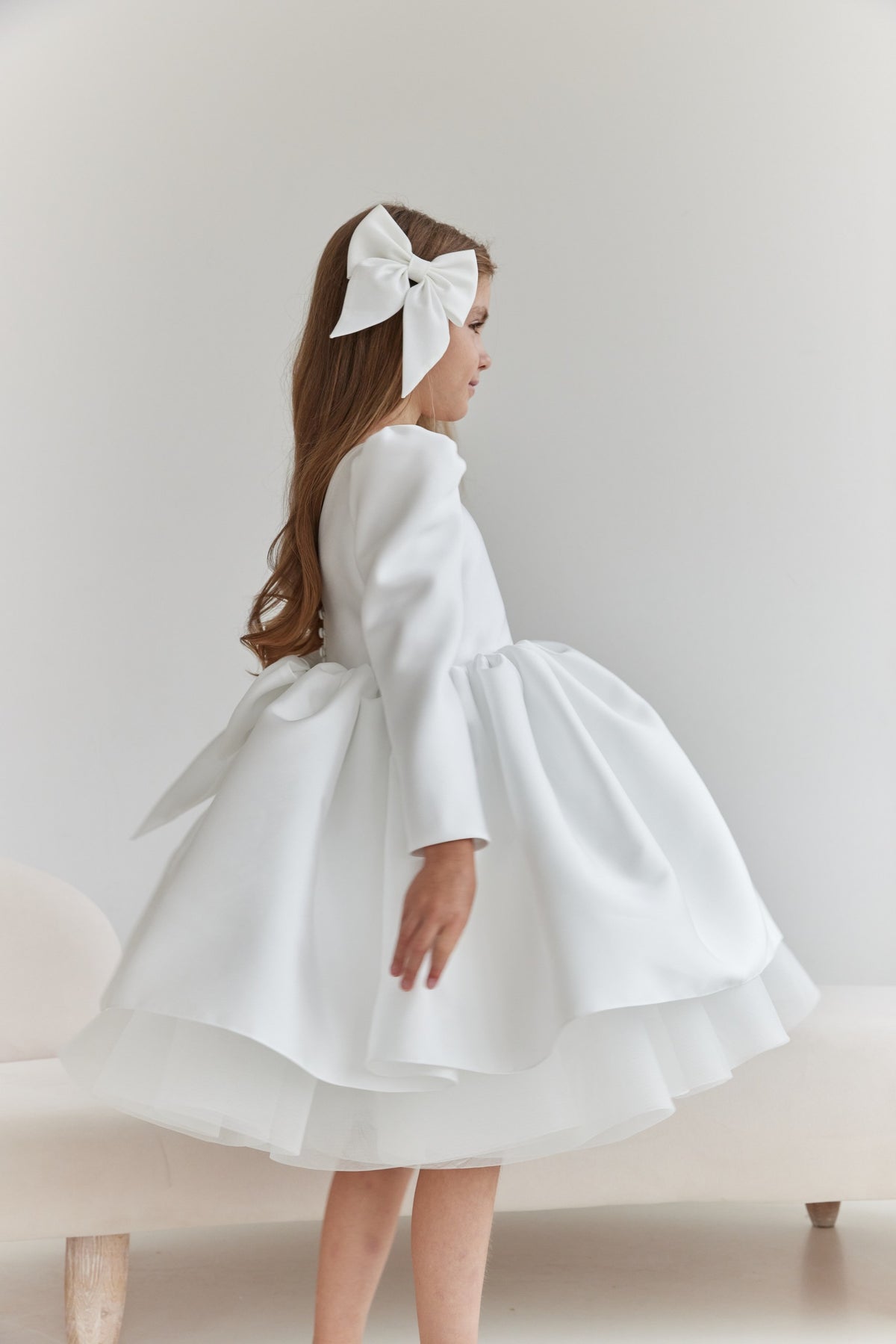 Long-Sleeve Mikado and Tulle Flower Girl Dress with Statement V-Back Bow, Long Sleeve Tulle Tutu Girl Dress