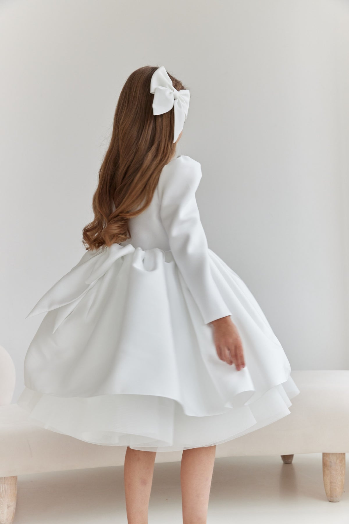 Long-Sleeve Mikado and Tulle Flower Girl Dress with Statement V-Back Bow, Long Sleeve Tulle Tutu Girl Dress