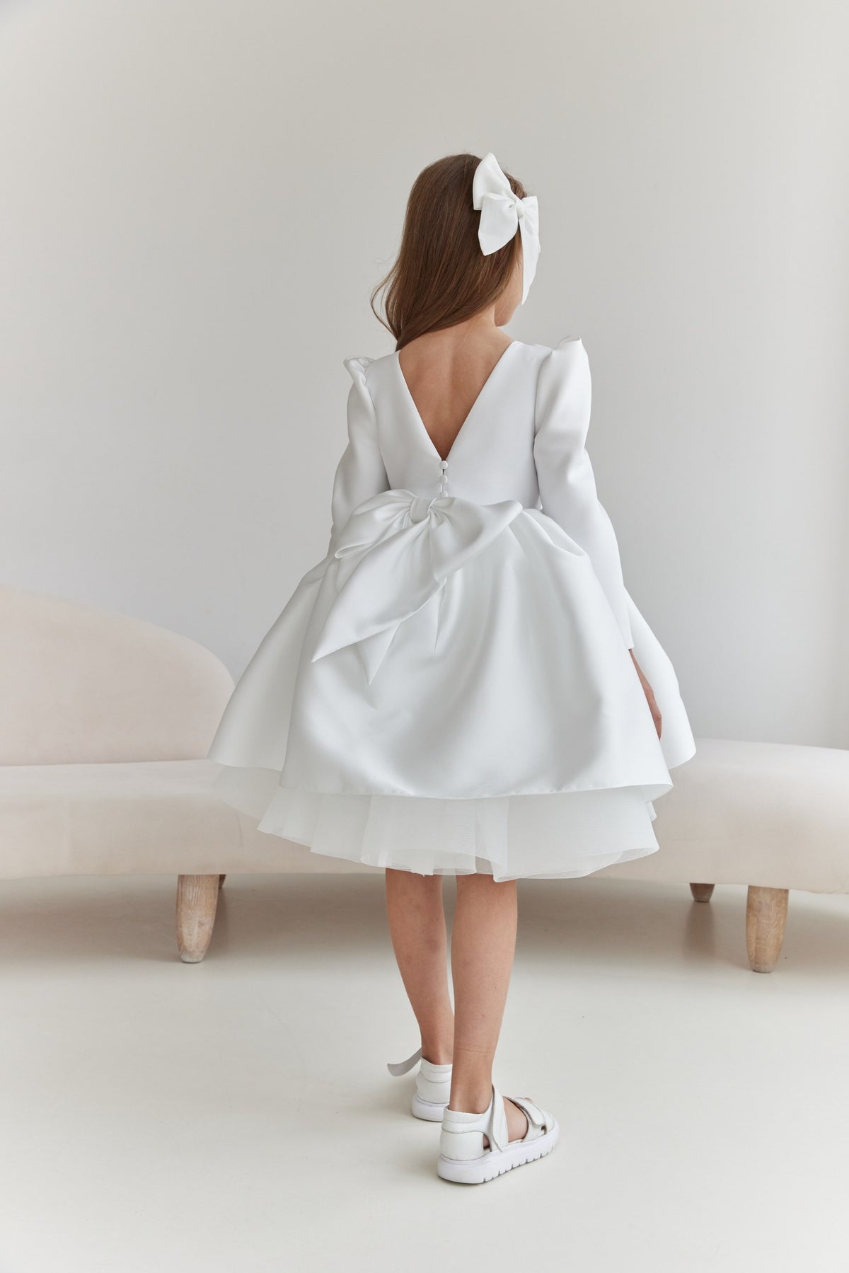 Long-Sleeve Mikado and Tulle Flower Girl Dress with Statement V-Back Bow, Long Sleeve Tulle Tutu Girl Dress