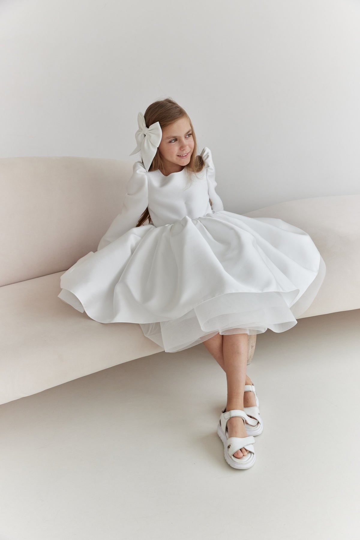 Long-Sleeve Mikado and Tulle Flower Girl Dress with Statement V-Back Bow, Long Sleeve Tulle Tutu Girl Dress