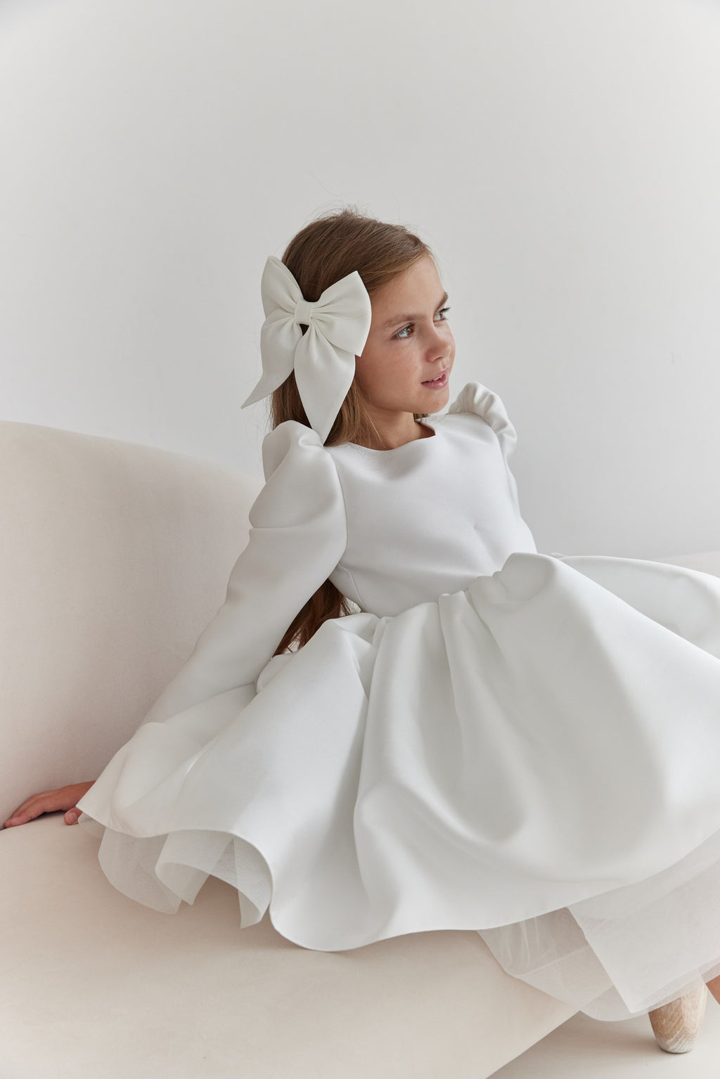 Long-Sleeve Mikado and Tulle Flower Girl Dress with Statement V-Back Bow, Long Sleeve Tulle Tutu Girl Dress