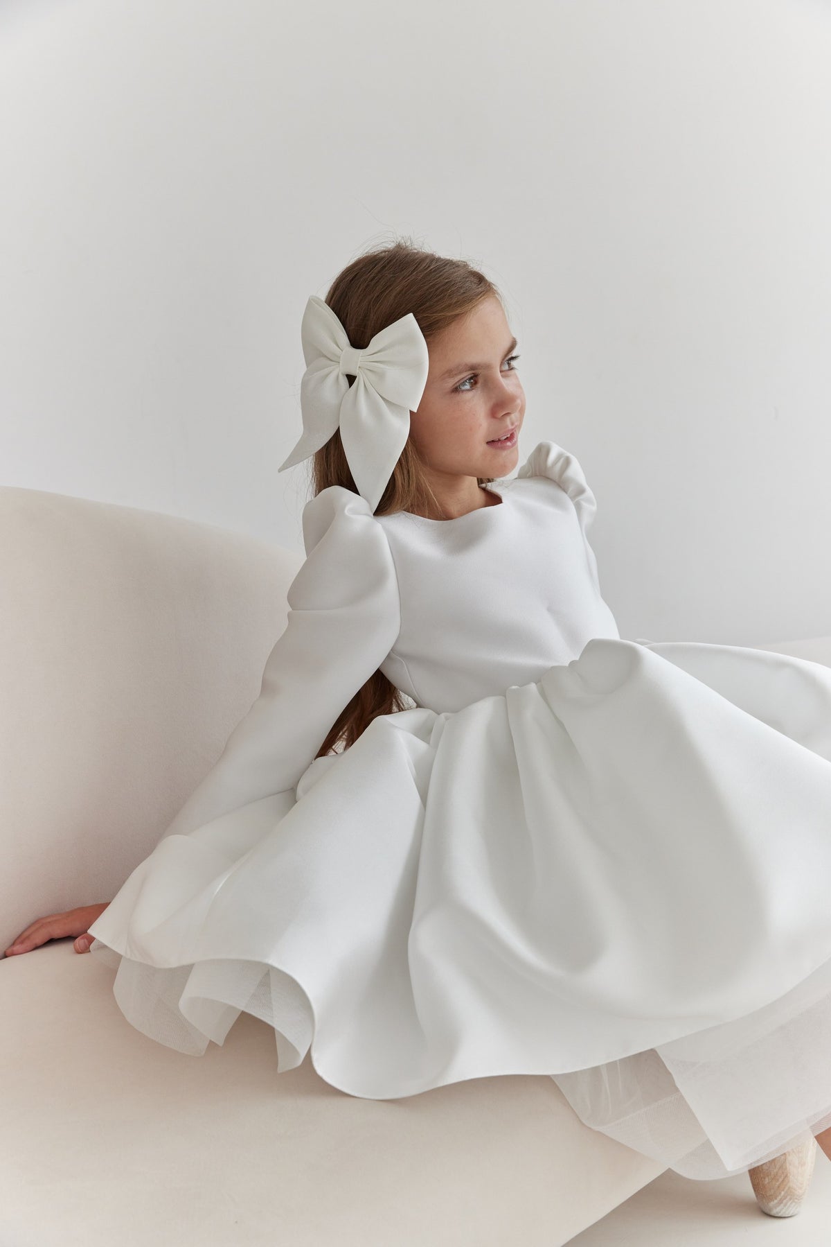 Long-Sleeve Mikado and Tulle Flower Girl Dress with Statement V-Back Bow, Long Sleeve Tulle Tutu Girl Dress