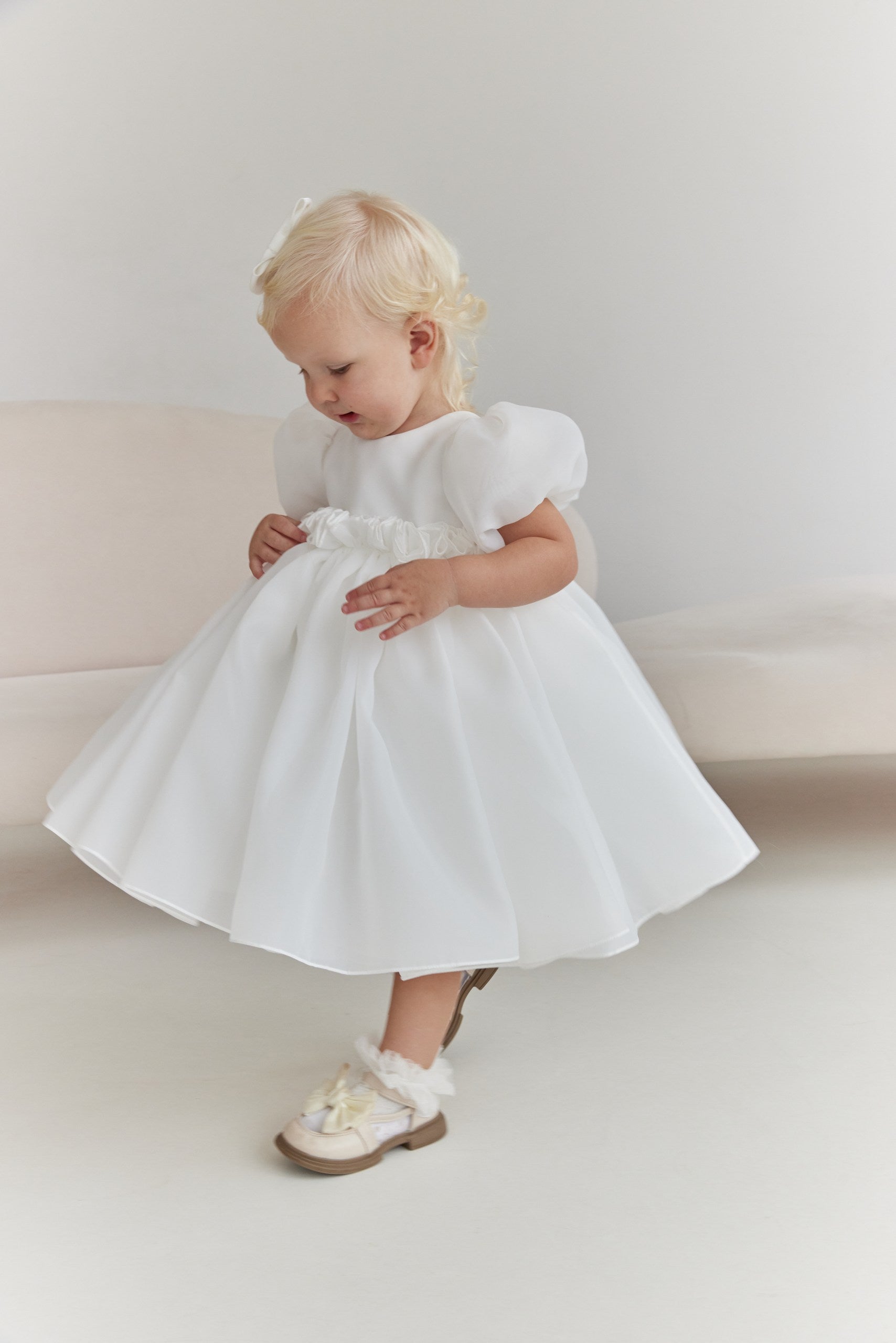 Organza Puff Sleeve Flower Girl Dress White Toddler Baptism Gown with Open V Back