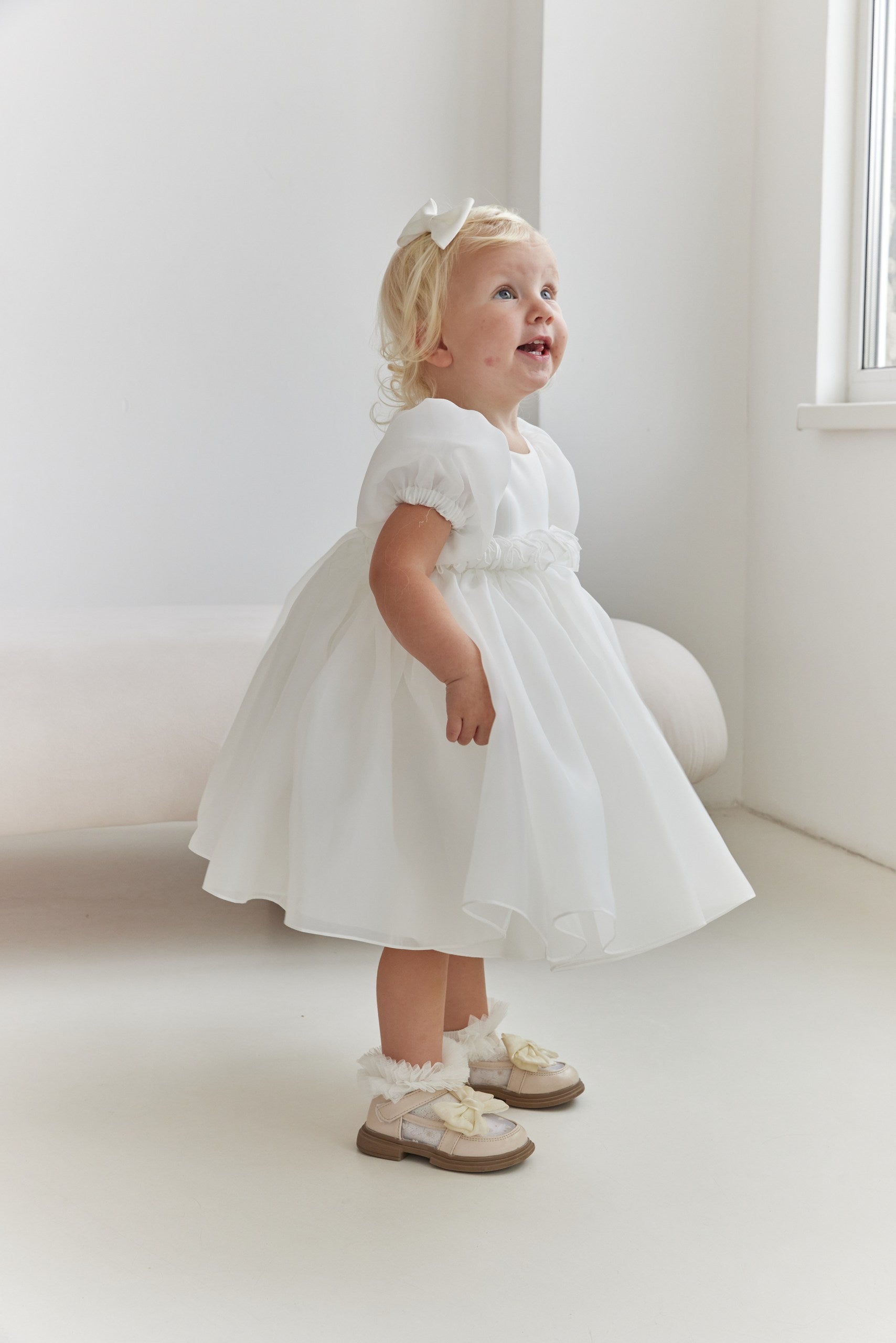 Organza Puff Sleeve Flower Girl Dress White Toddler Baptism Gown with Open V Back