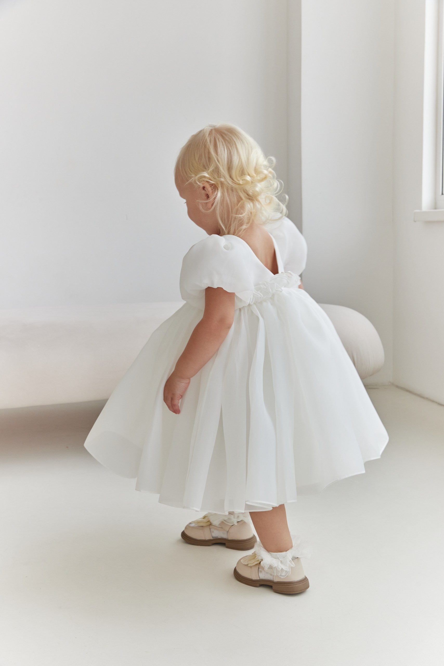 Organza Puff Sleeve Flower Girl Dress White Toddler Baptism Gown with Open V Back