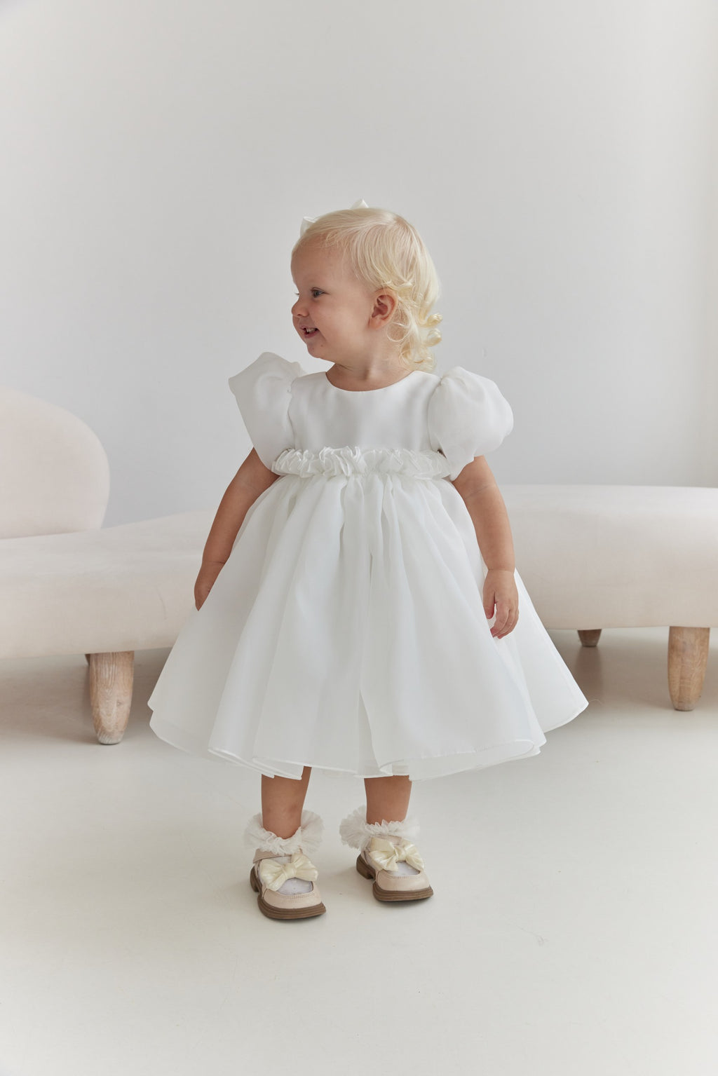Organza Puff Sleeve Flower Girl Dress White Toddler Baptism Gown with Open V Back