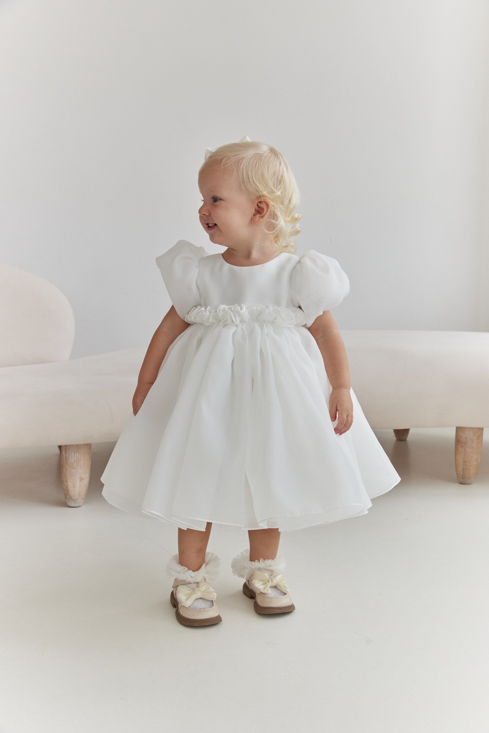 Organza Puff Sleeve Flower Girl Dress White Toddler Baptism Gown with Open V Back
