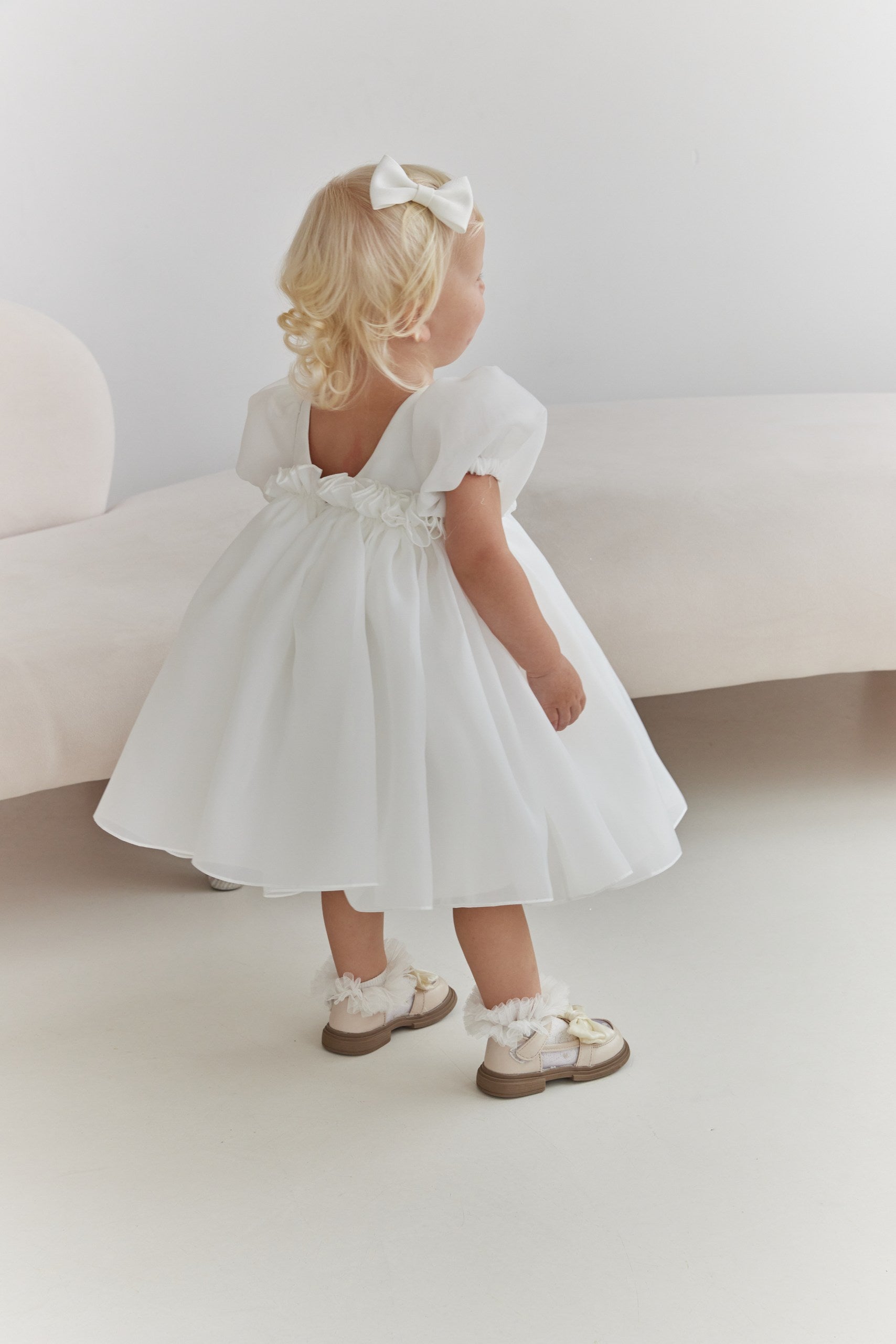 Organza Puff Sleeve Flower Girl Dress White Toddler Baptism Gown with Open V Back