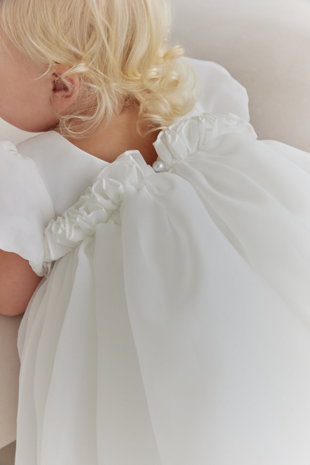 Organza Puff Sleeve Flower Girl Dress White Toddler Baptism Gown with Open V Back