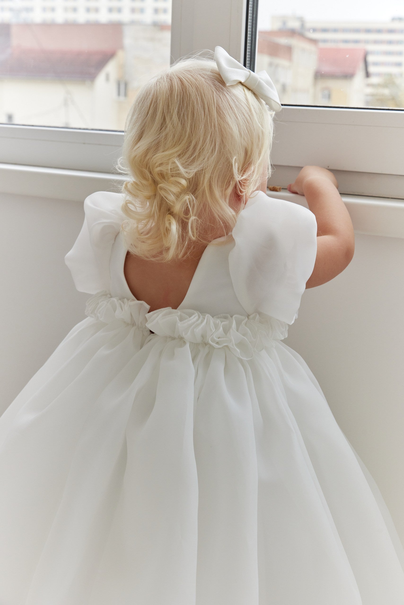 Organza Puff Sleeve Flower Girl Dress White Toddler Baptism Gown with Open V Back