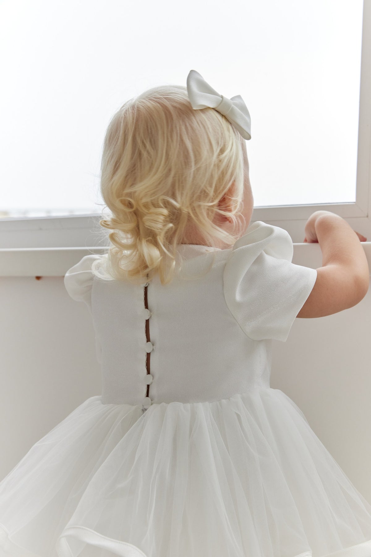 Satin Shimmer Flower Girl Dress, White Tiered Tulle Toddler Dress with Button Back