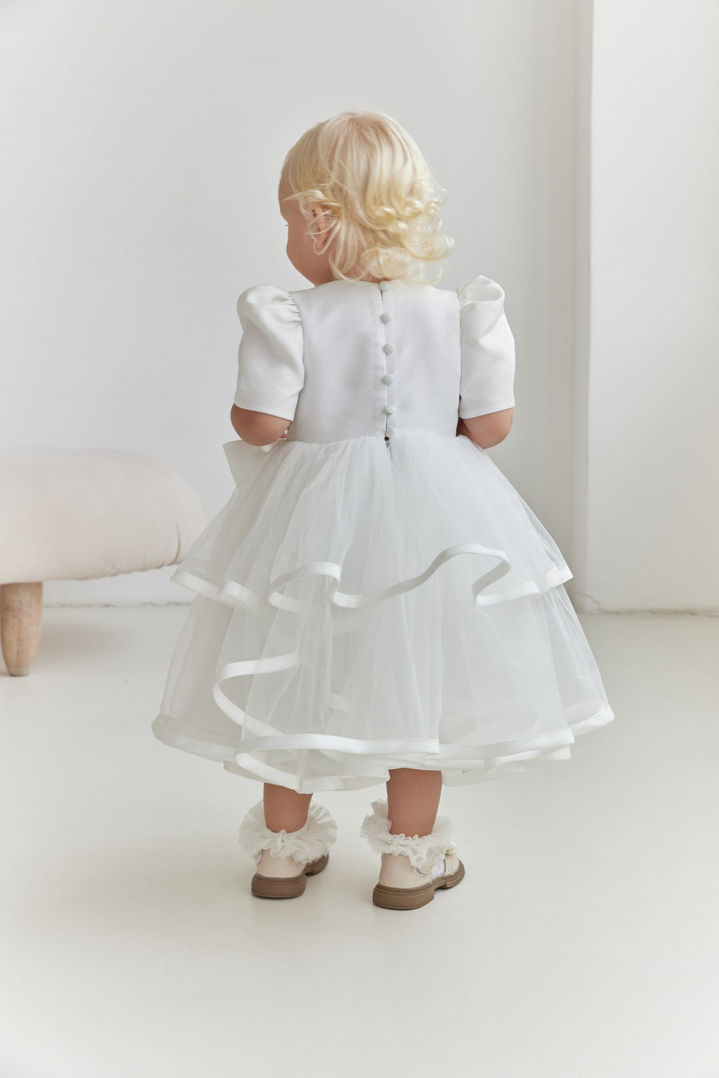 Satin Shimmer Flower Girl Dress, White Tiered Tulle Toddler Dress with Button Back