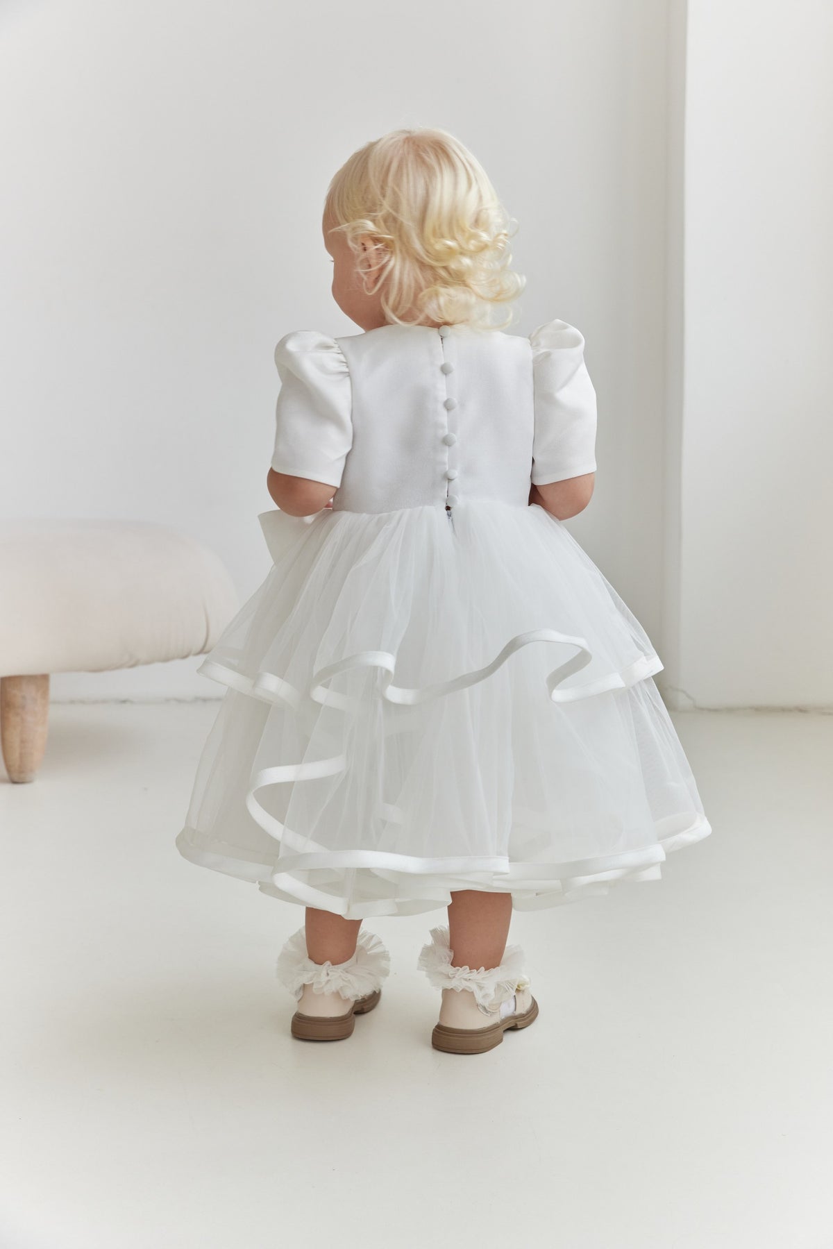 Satin Shimmer Flower Girl Dress, White Tiered Tulle Toddler Dress with Button Back