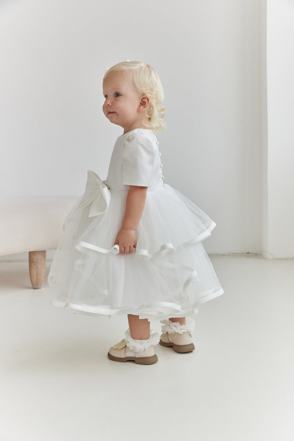 Satin Shimmer Flower Girl Dress, White Tiered Tulle Toddler Dress with Button Back