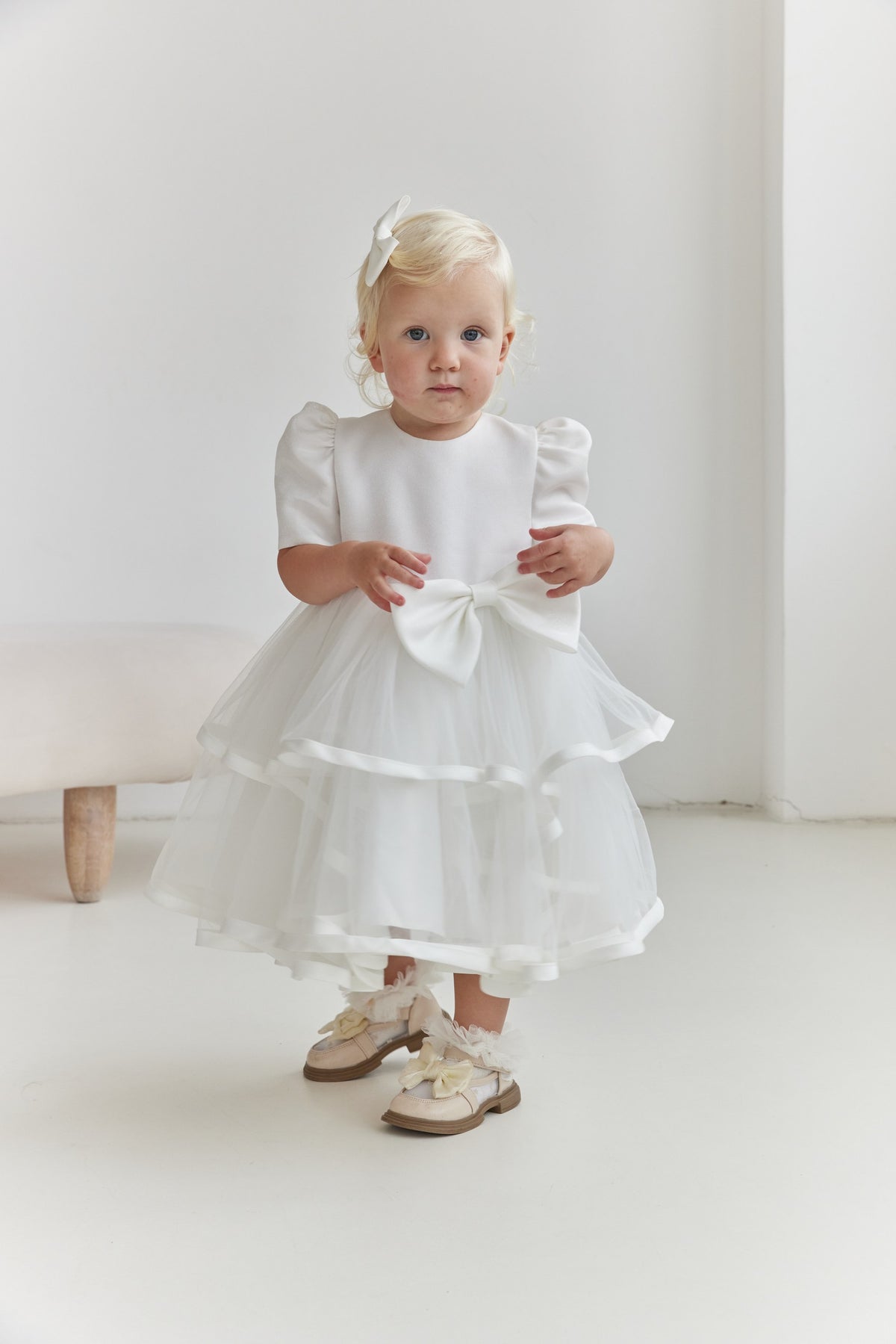 Satin Shimmer Flower Girl Dress, White Tiered Tulle Toddler Dress with Button Back
