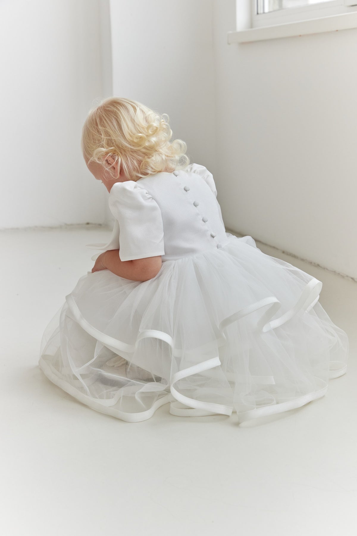 Satin Shimmer Flower Girl Dress, White Tiered Tulle Toddler Dress with Button Back