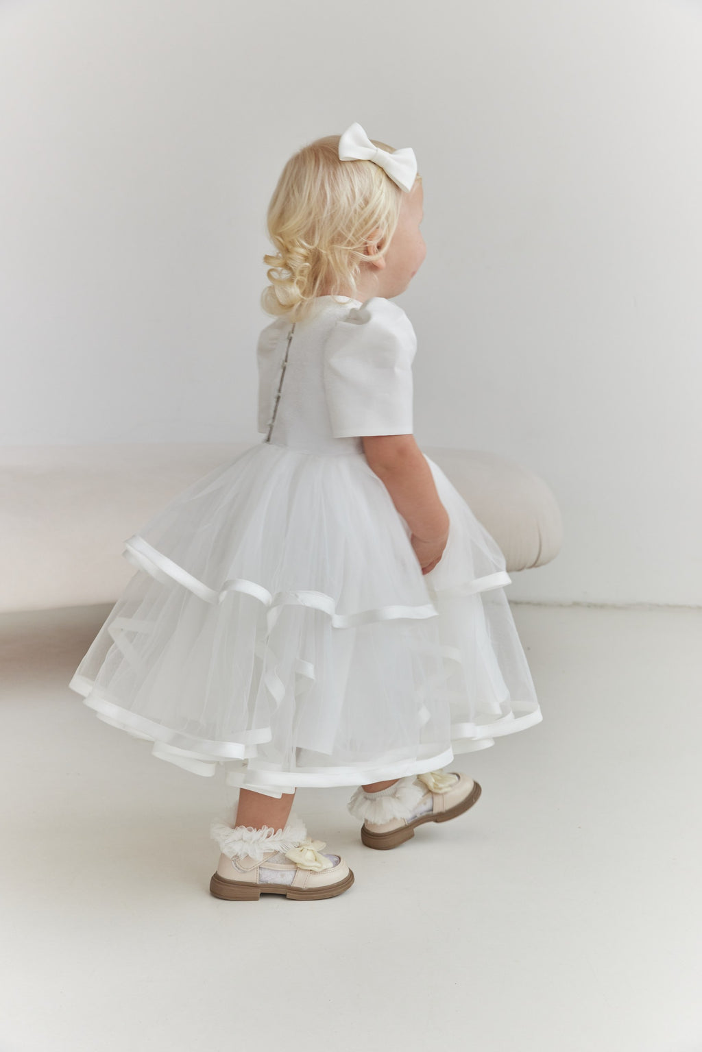 Satin Shimmer Flower Girl Dress, White Tiered Tulle Toddler Dress with Button Back