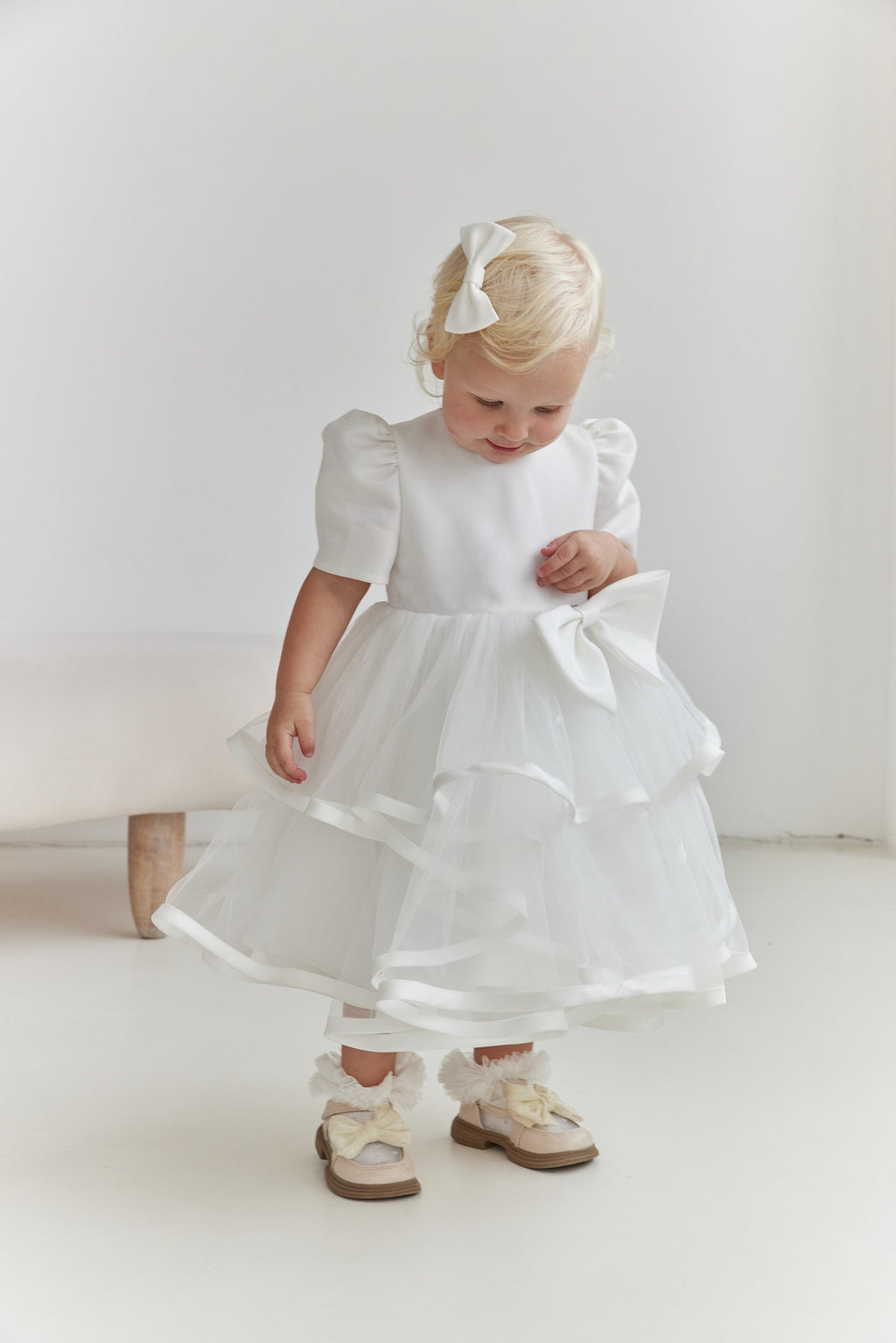 Satin Shimmer Flower Girl Dress, White Tiered Tulle Toddler Dress with Button Back