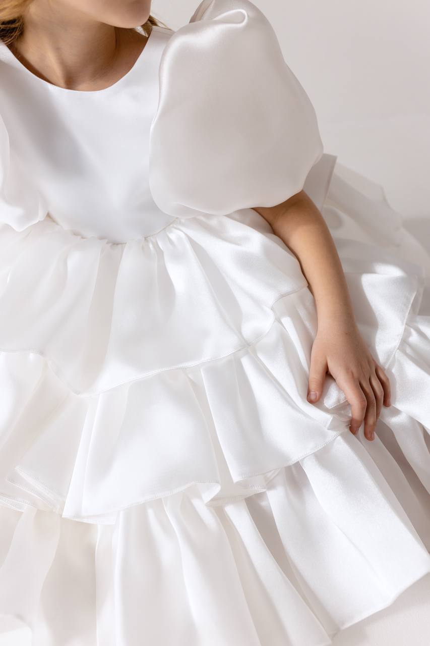 Organza Flower Girl Satin Dress with Bow Back – Elegant High Neck Girls Wedding Dress, Baby Girl Formal Dress