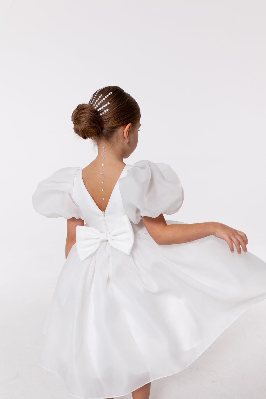 Elegant Off-White Organza Midi Flower Girl Dress with Puff Sleeves, High Neck Girls Wedding Dress, Baby Girl Formal Dress