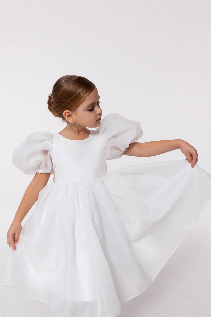 Elegant Off-White Organza Midi Flower Girl Dress with Puff Sleeves, High Neck Girls Wedding Dress, Baby Girl Formal Dress