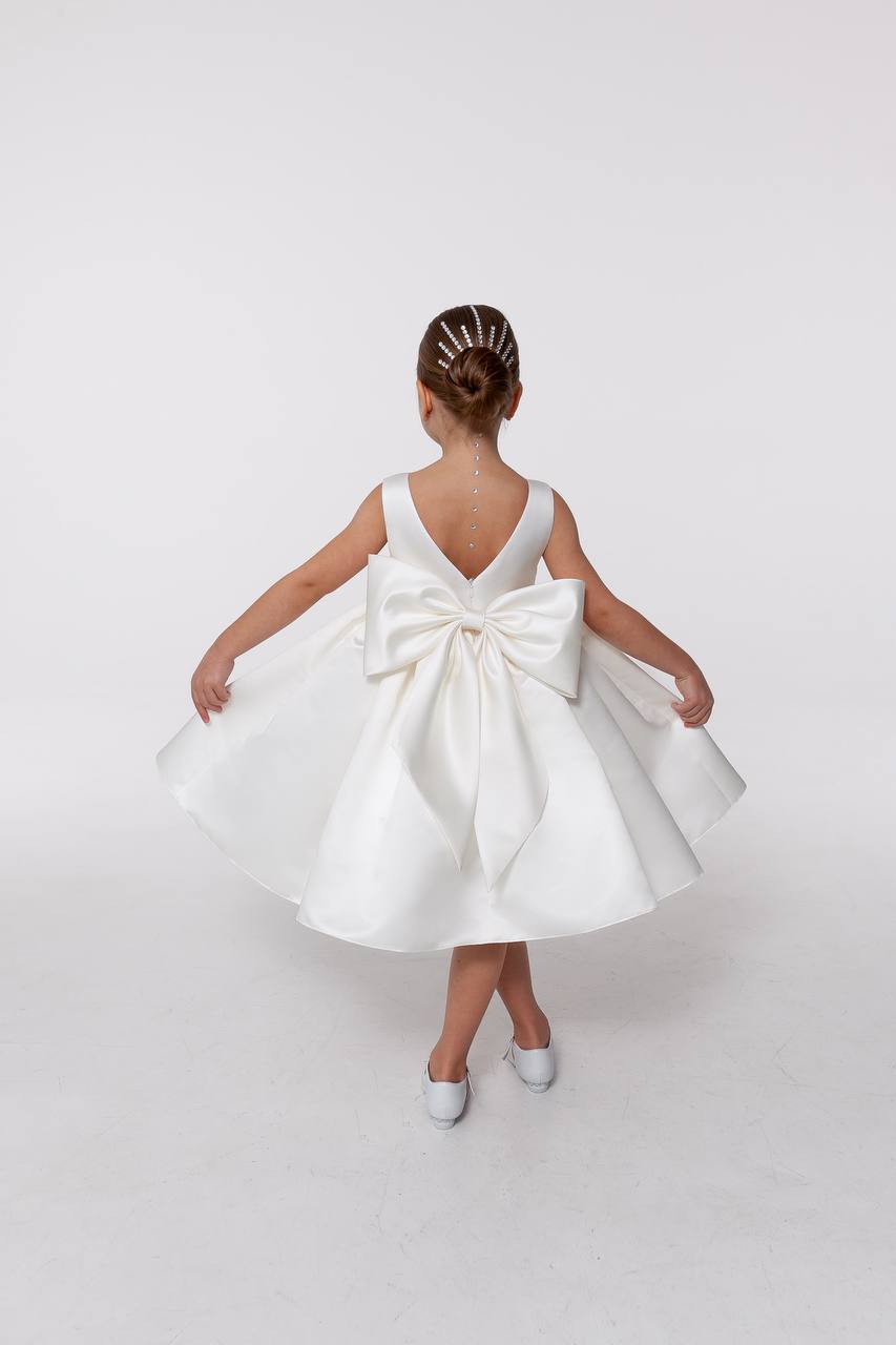 Satin Flower Girl Satin Dress with Bow Back – Elegant High Neck Girls Wedding Dress, Baby Girl Formal Dress