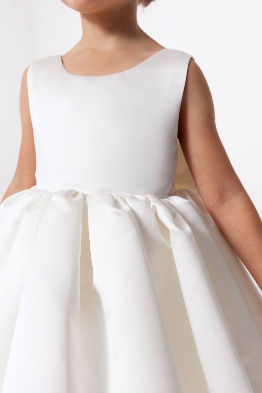 Satin Flower Girl Satin Dress with Bow Back – Elegant High Neck Girls Wedding Dress, Baby Girl Formal Dress