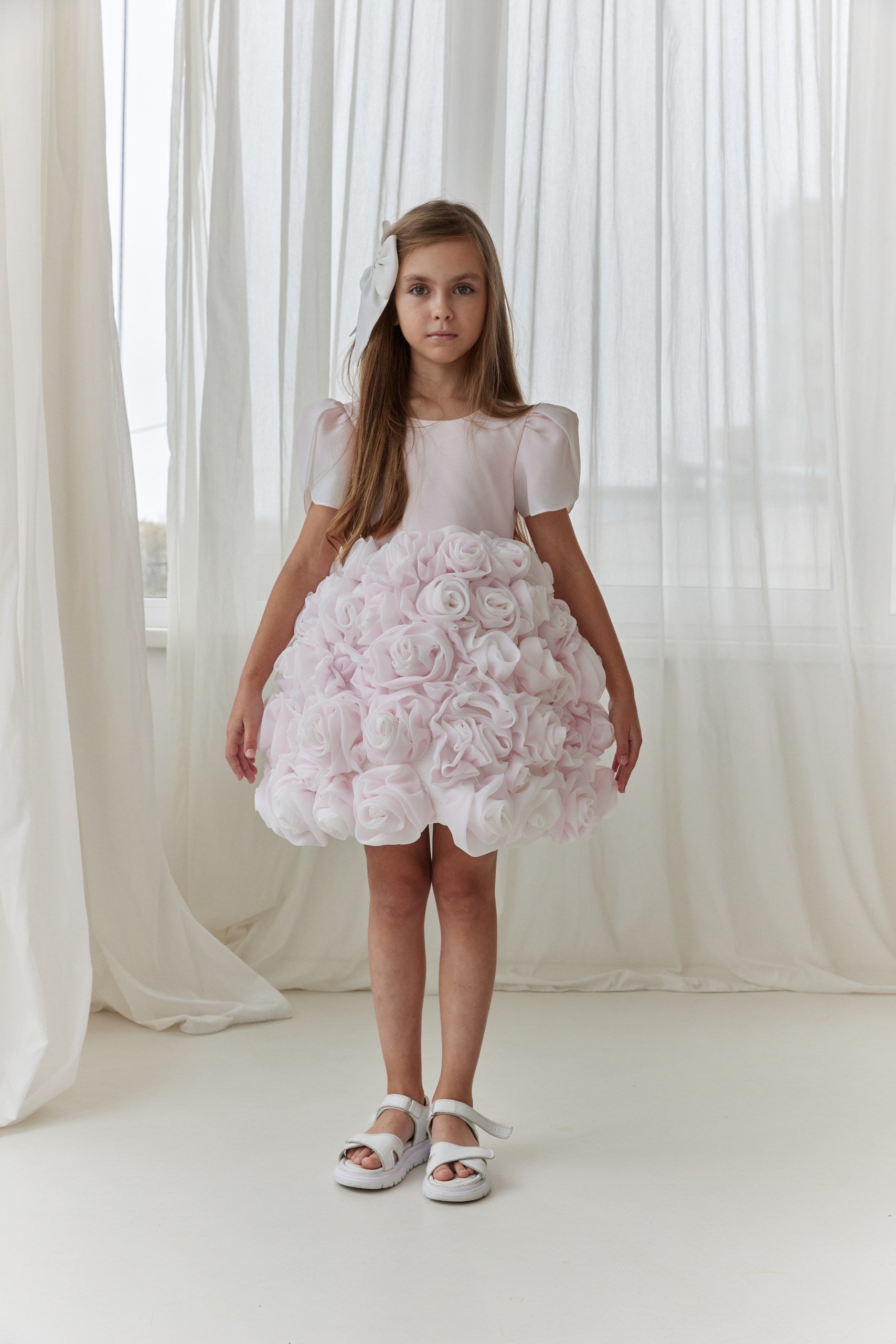 Couture Flower Girl Dress with Satin & Organza Roses / Cotton Lined Special Occasion Baby Outfit