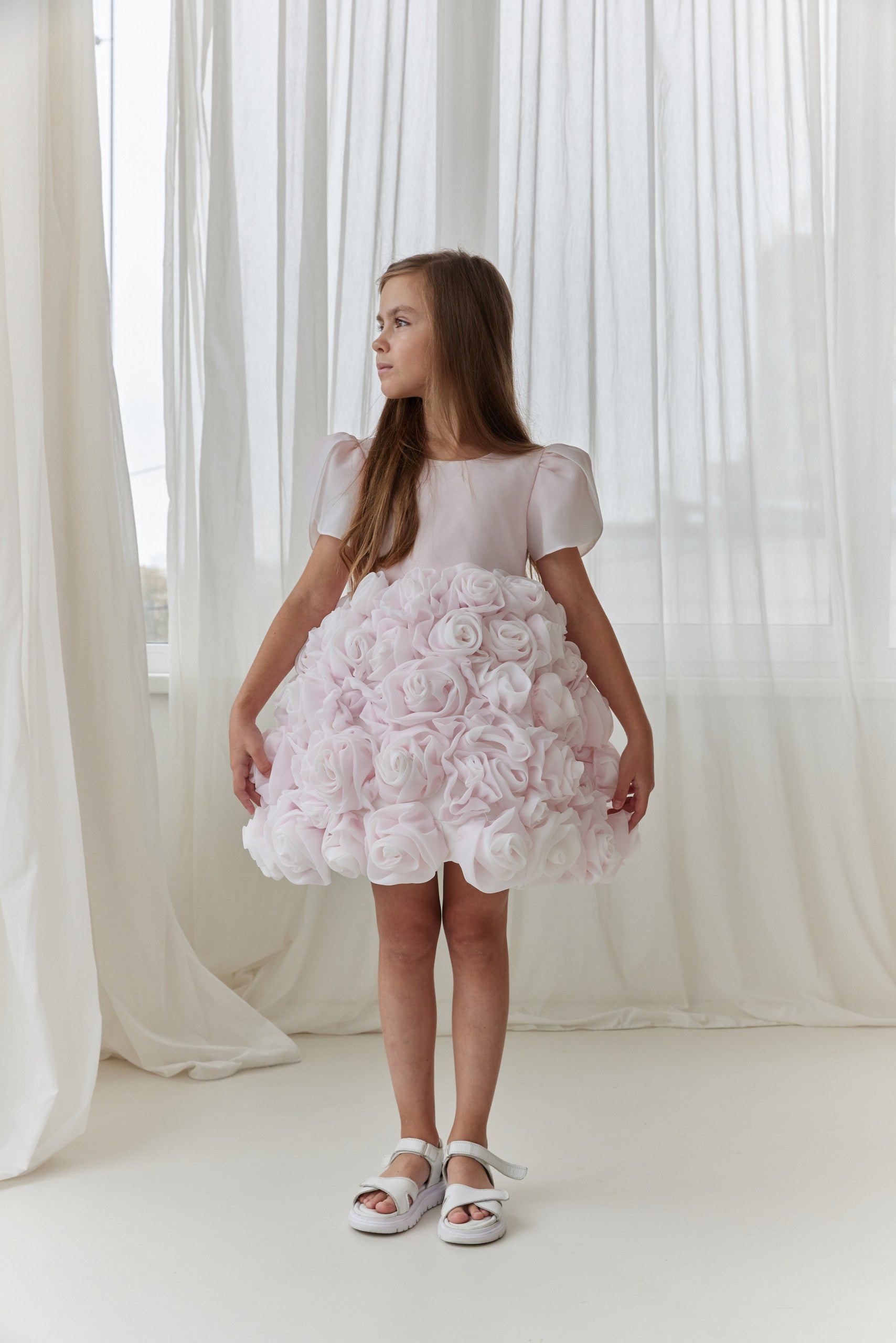 Couture Flower Girl Dress with Satin & Organza Roses / Cotton Lined Special Occasion Baby Outfit