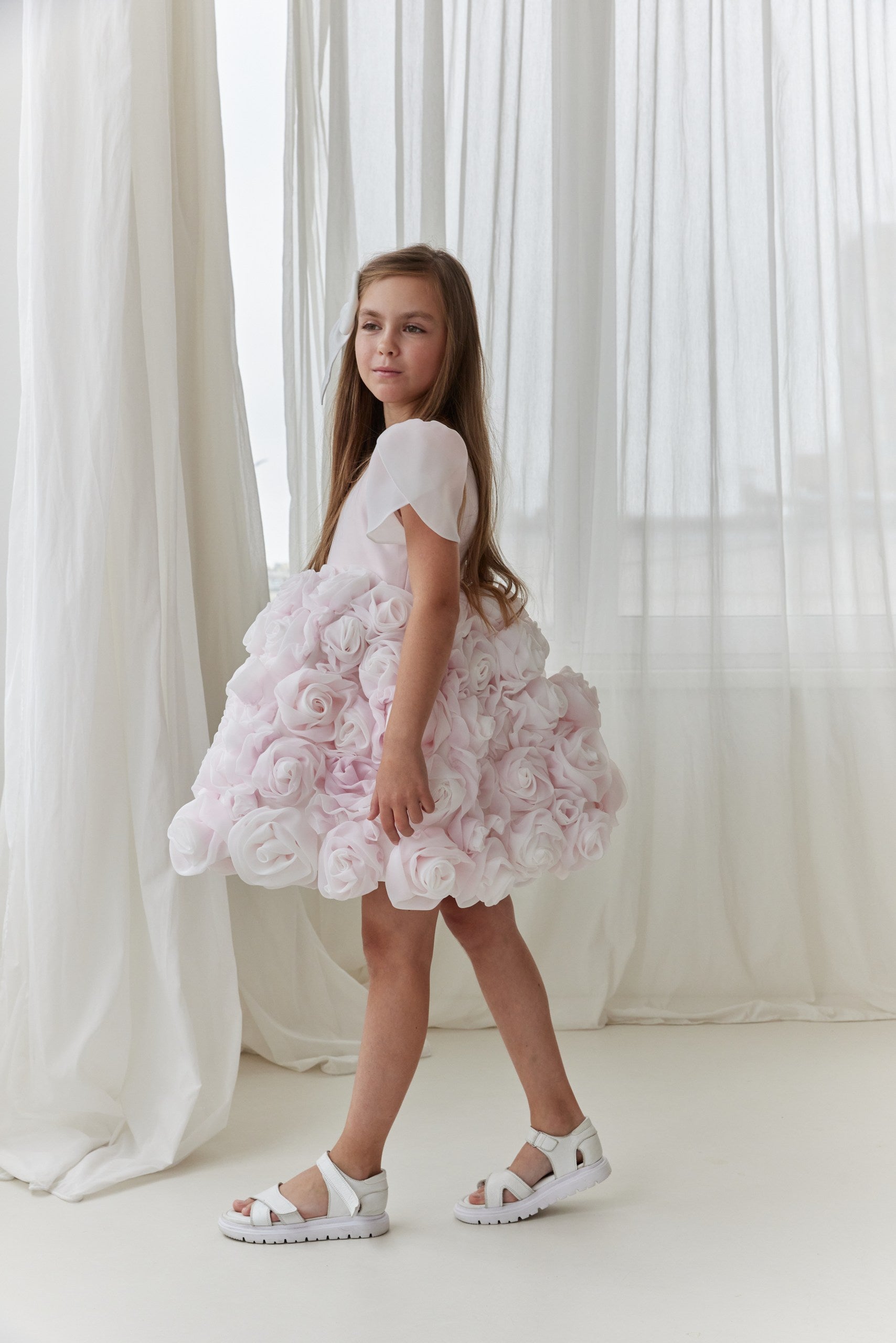 Couture Flower Girl Dress with Satin & Organza Roses / Cotton Lined Special Occasion Baby Outfit