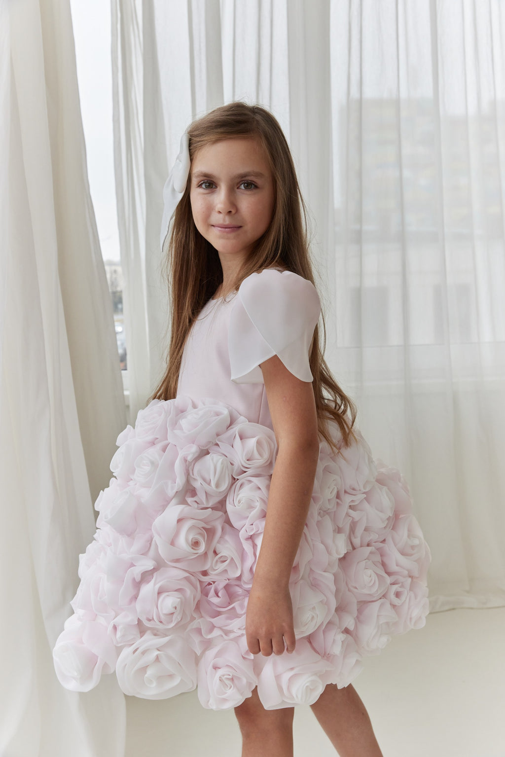 Couture Flower Girl Dress with Satin & Organza Roses / Cotton Lined Special Occasion Baby Outfit