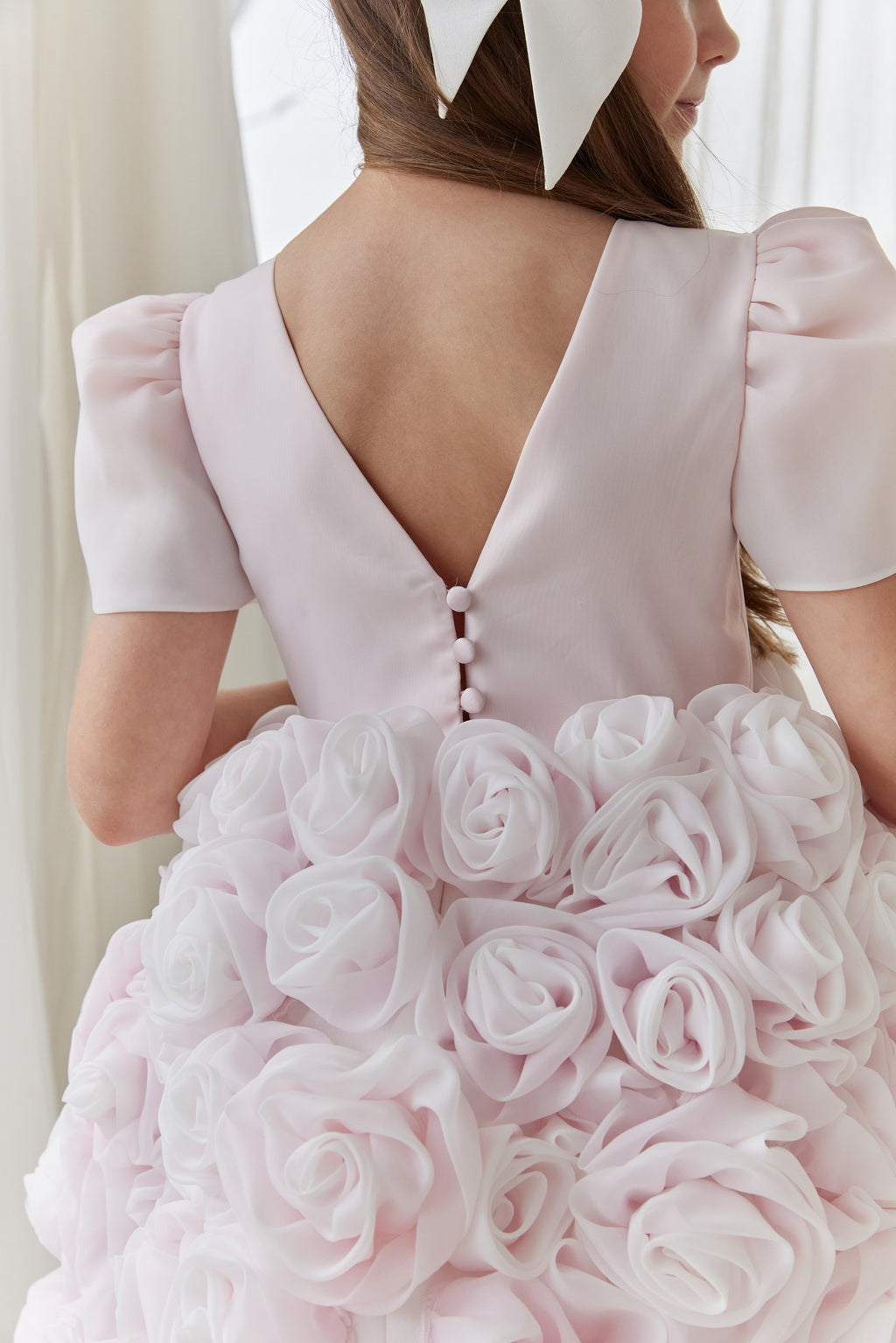 Couture Flower Girl Dress with Satin & Organza Roses / Cotton Lined Special Occasion Baby Outfit