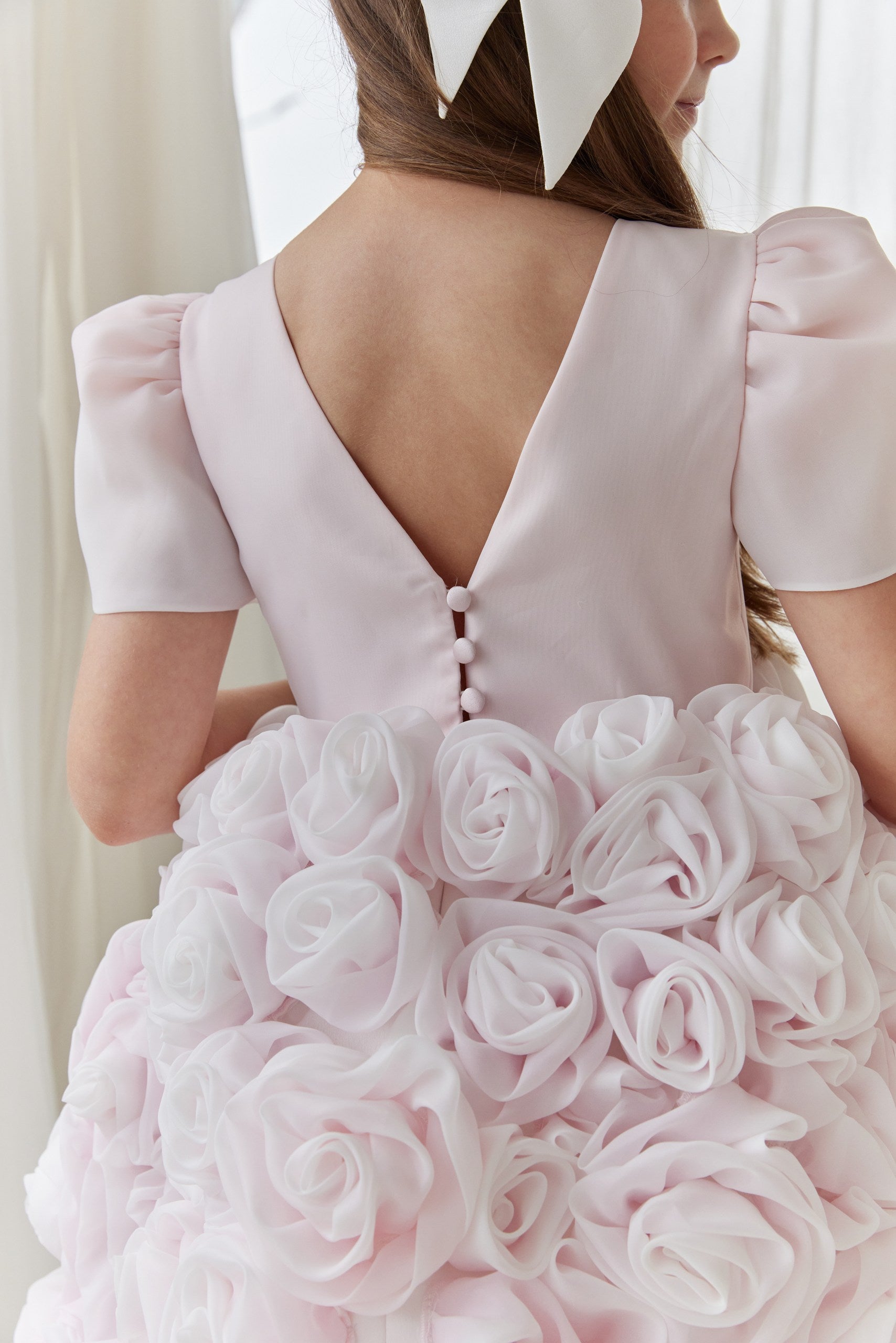 Couture Flower Girl Dress with Satin & Organza Roses / Cotton Lined Special Occasion Baby Outfit