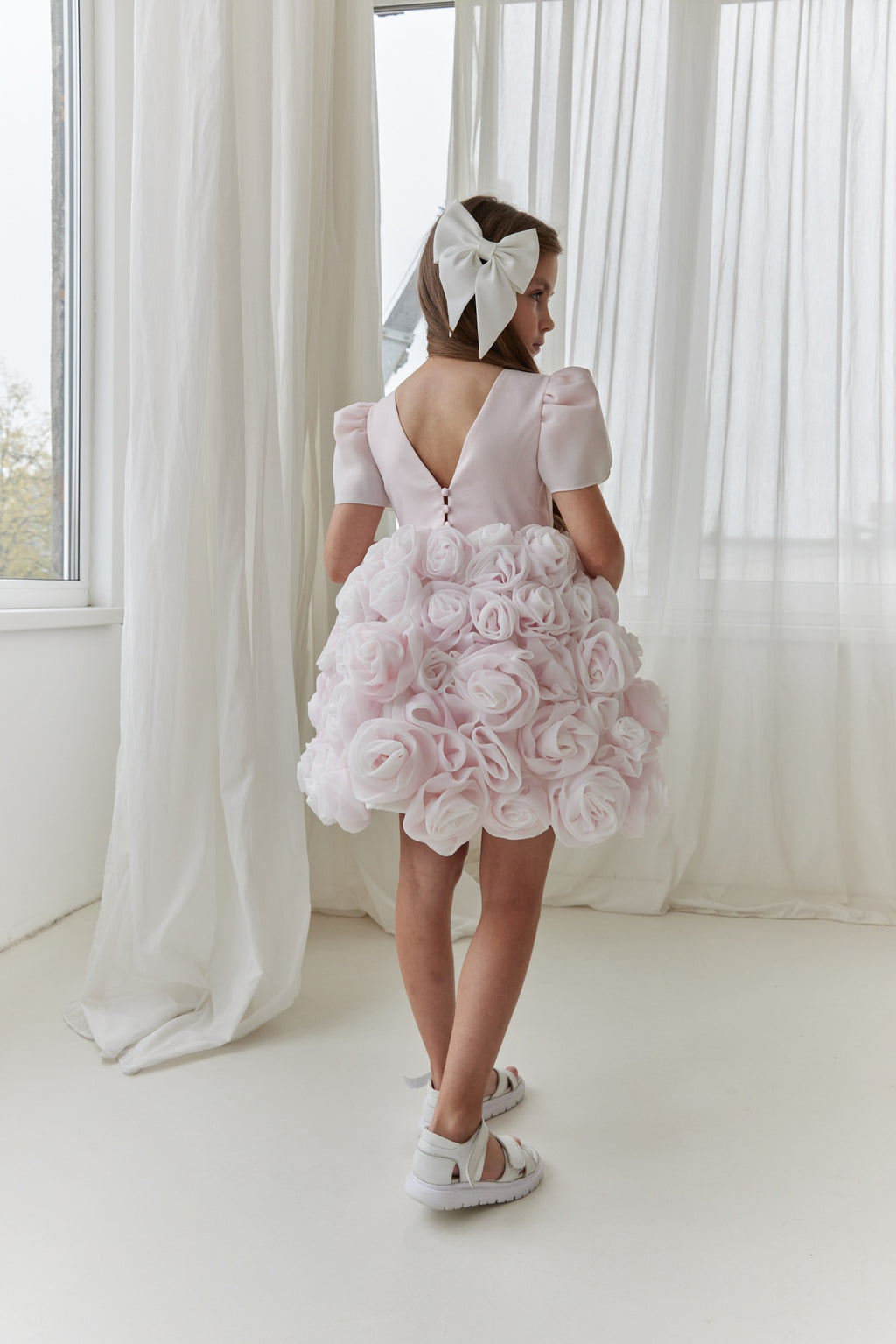 Couture Flower Girl Dress with Satin & Organza Roses / Cotton Lined Special Occasion Baby Outfit