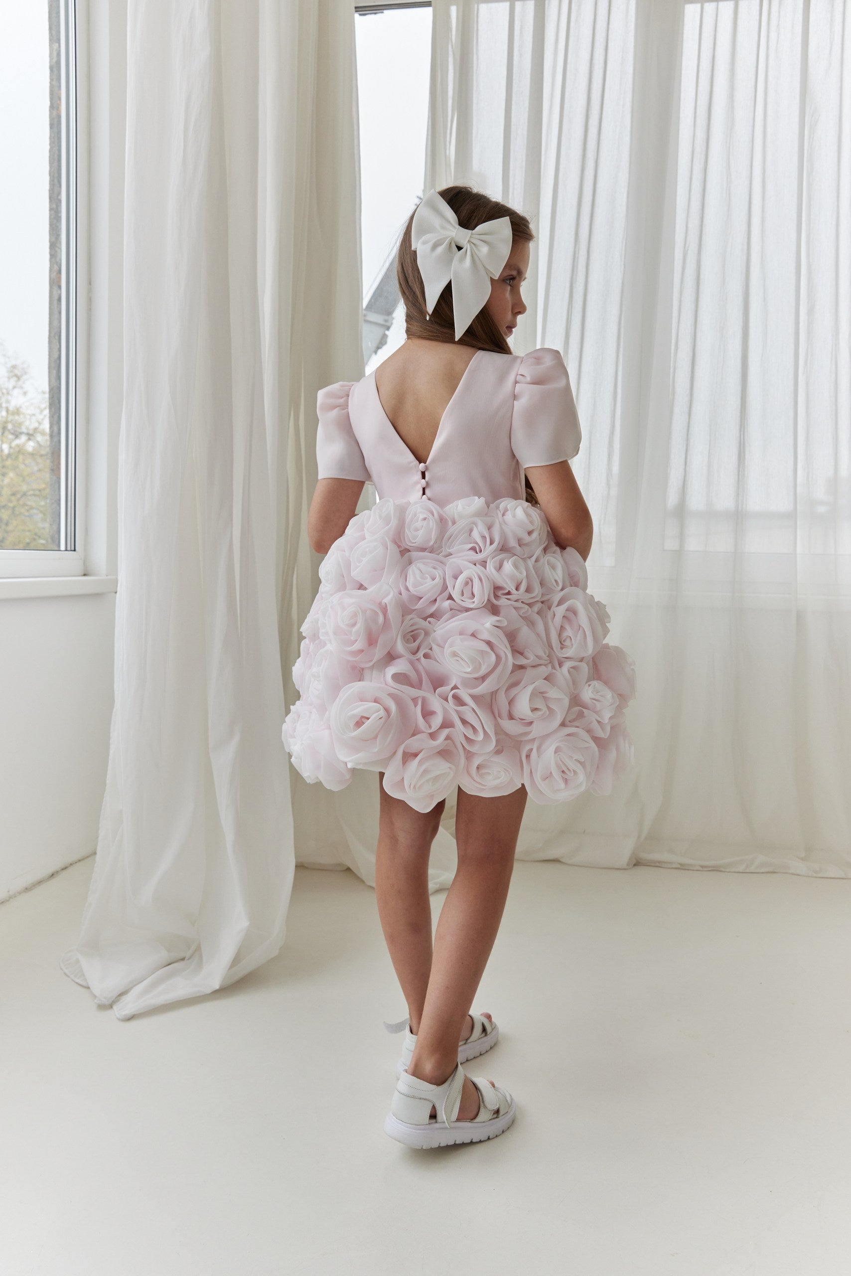 Couture Flower Girl Dress with Satin & Organza Roses / Cotton Lined Special Occasion Baby Outfit
