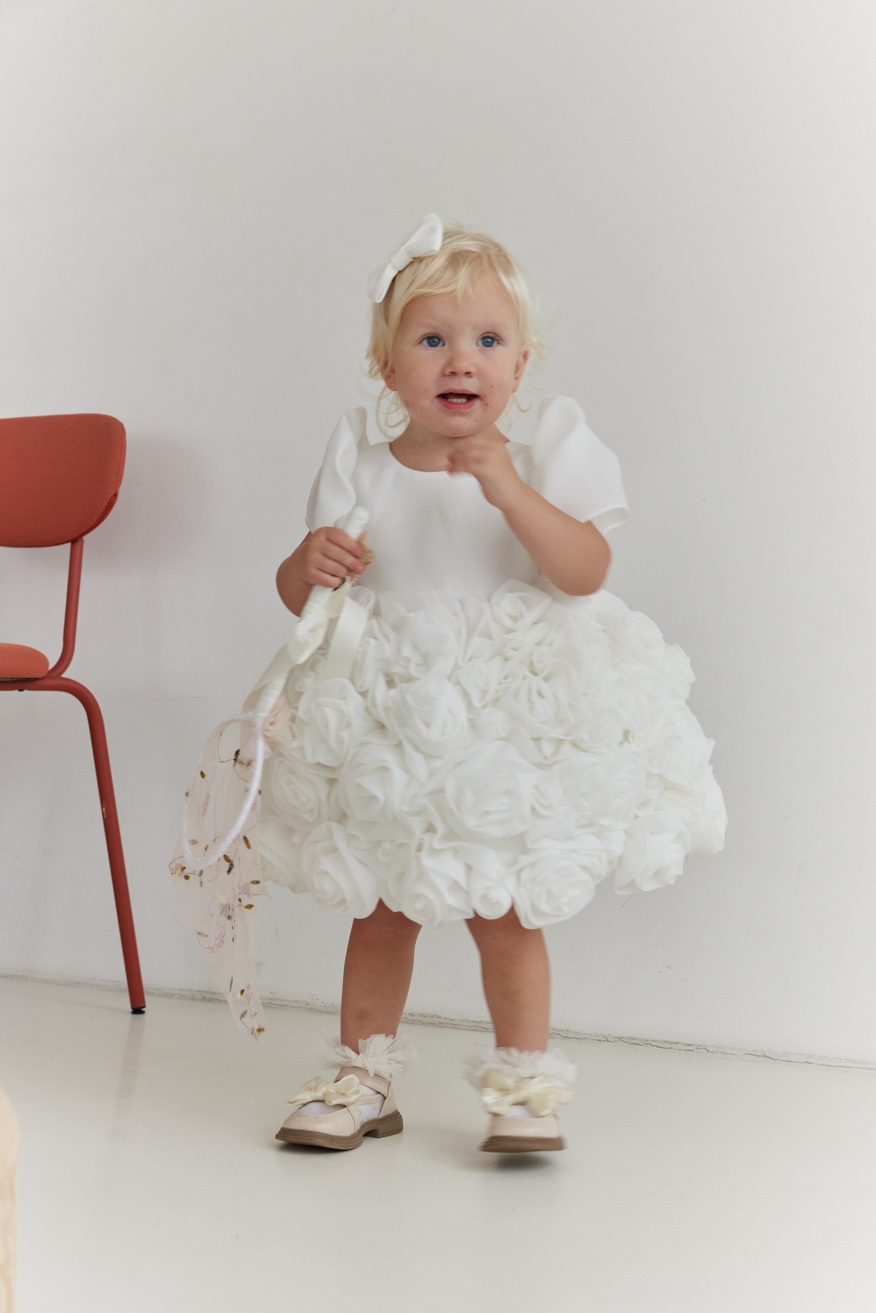 Couture Flower Girl Dress with Satin & Organza Roses / Cotton Lined Special Occasion Baby Outfit