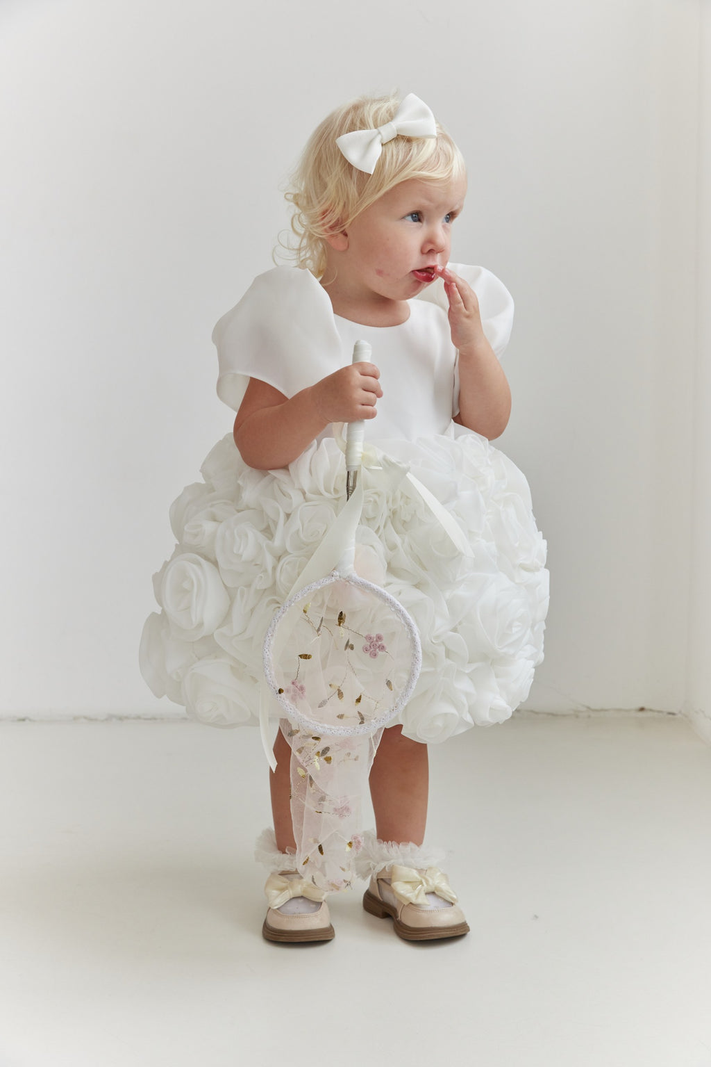 Couture Flower Girl Dress with Satin & Organza Roses / Cotton Lined Special Occasion Baby Outfit