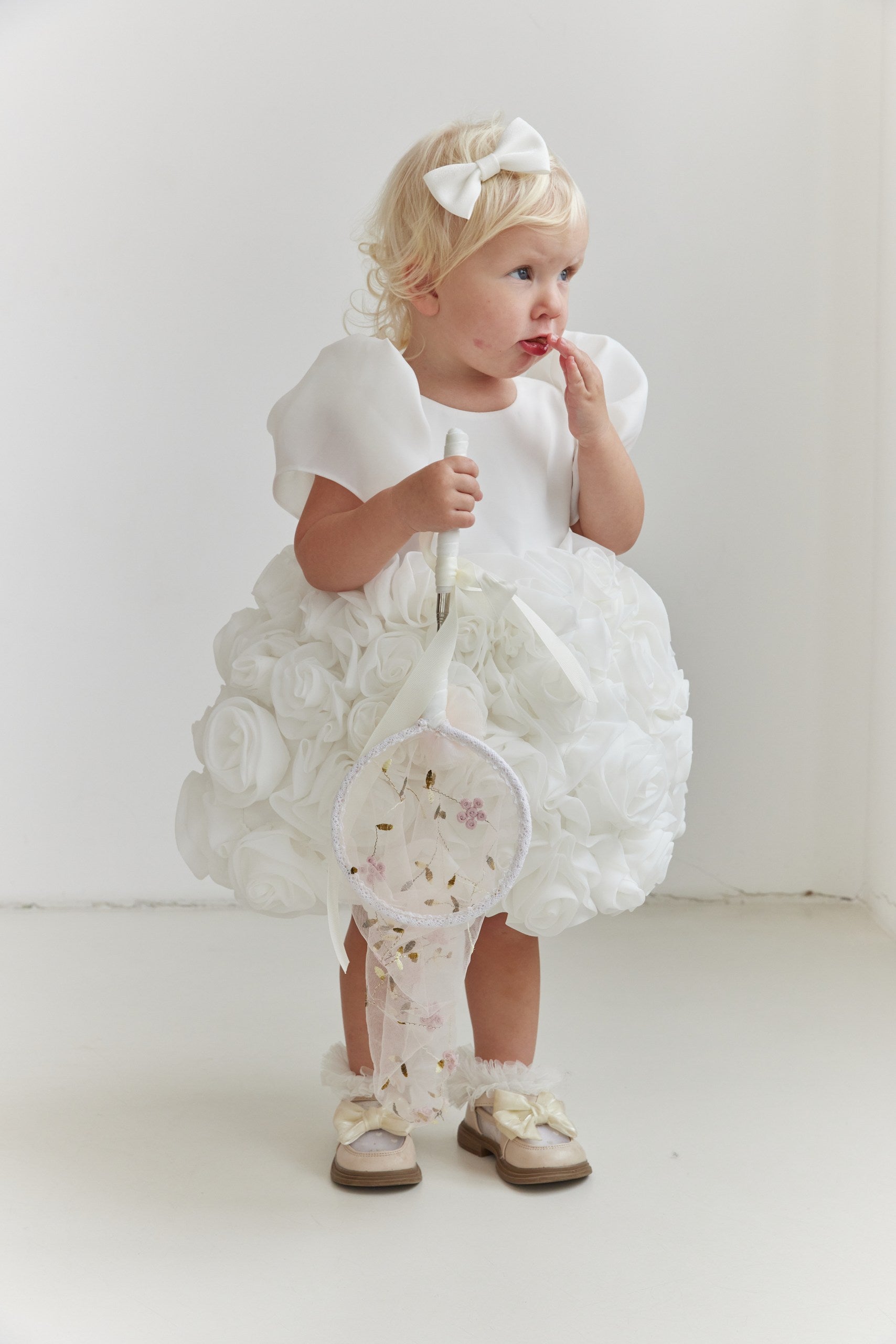 Couture Flower Girl Dress with Satin & Organza Roses / Cotton Lined Special Occasion Baby Outfit